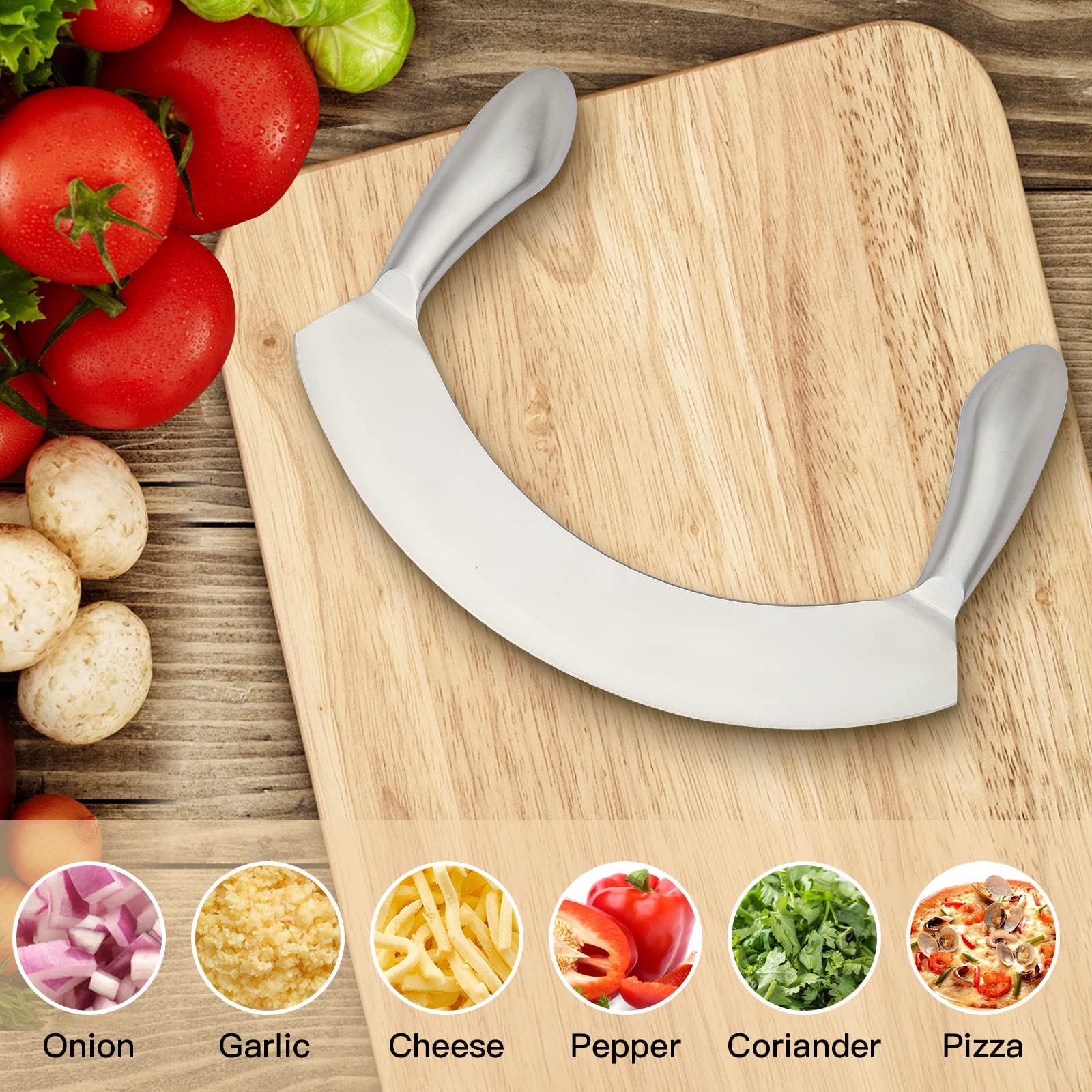 8.7 Inch Stainless Steel Mezzaluna Knife - Professional Salad Chopper, Pizza Cutter & Vegetable Mincing Knife with Curved Blade & Double Handle - Perfect for Kitchen Prep, Pizza Making & Herb Chopping