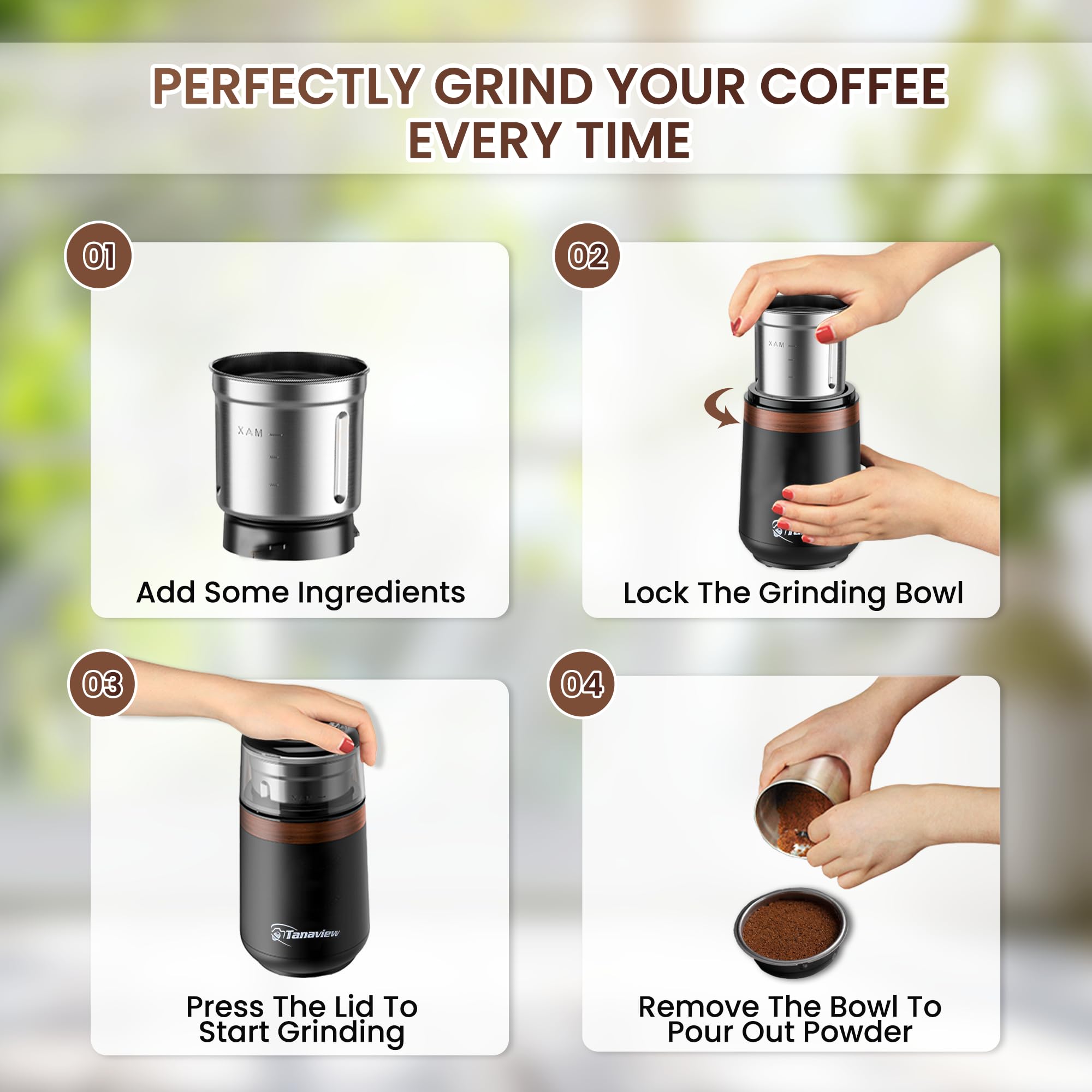 Premium Electric Coffee Grinder for Beans, Spices & Herbs - 150W Stainless Steel Blades with Removable Bowl - Grinds Up to 2.5oz/70g - Perfect for Fresh Coffee, Baking & Kitchen Use - Makes 12 Cups