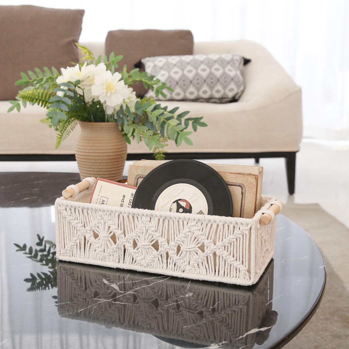 Boho Macrame Storage Basket & Tissue Box Cover - Handwoven Square Paper Holder with Beads | Home Decor, Bathroom & Bedroom Organization