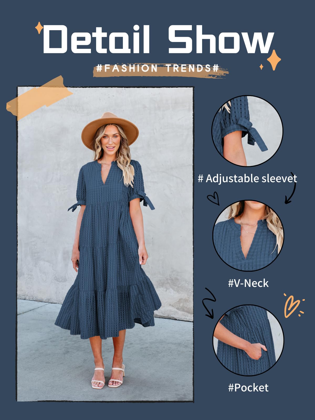 Theenkoln Women's Casual Midi Dress - Short Sleeve V-Neck Empire Waist Gingham Flowy Dress for Spring & Summer | Perfect for Office, Date Night, Brunch & Special Occasions
