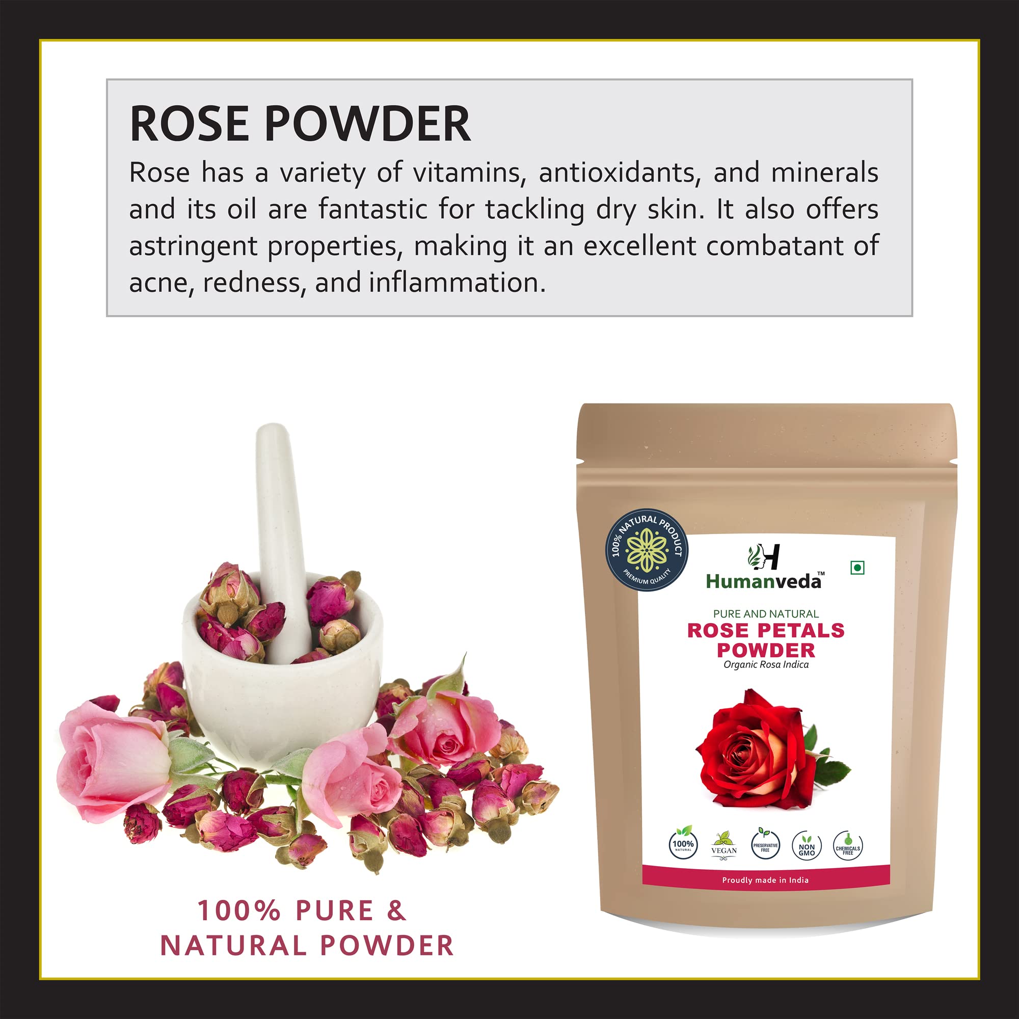 Humanveda 100% Natural Rose Petal Powder - 100g | Organic Face Mask for Skin Brightening, Tan Removal & Glow | Double Filtered Rose Extract | Perfect for DIY Spa, Bridal Care & Daily Skincare Routine