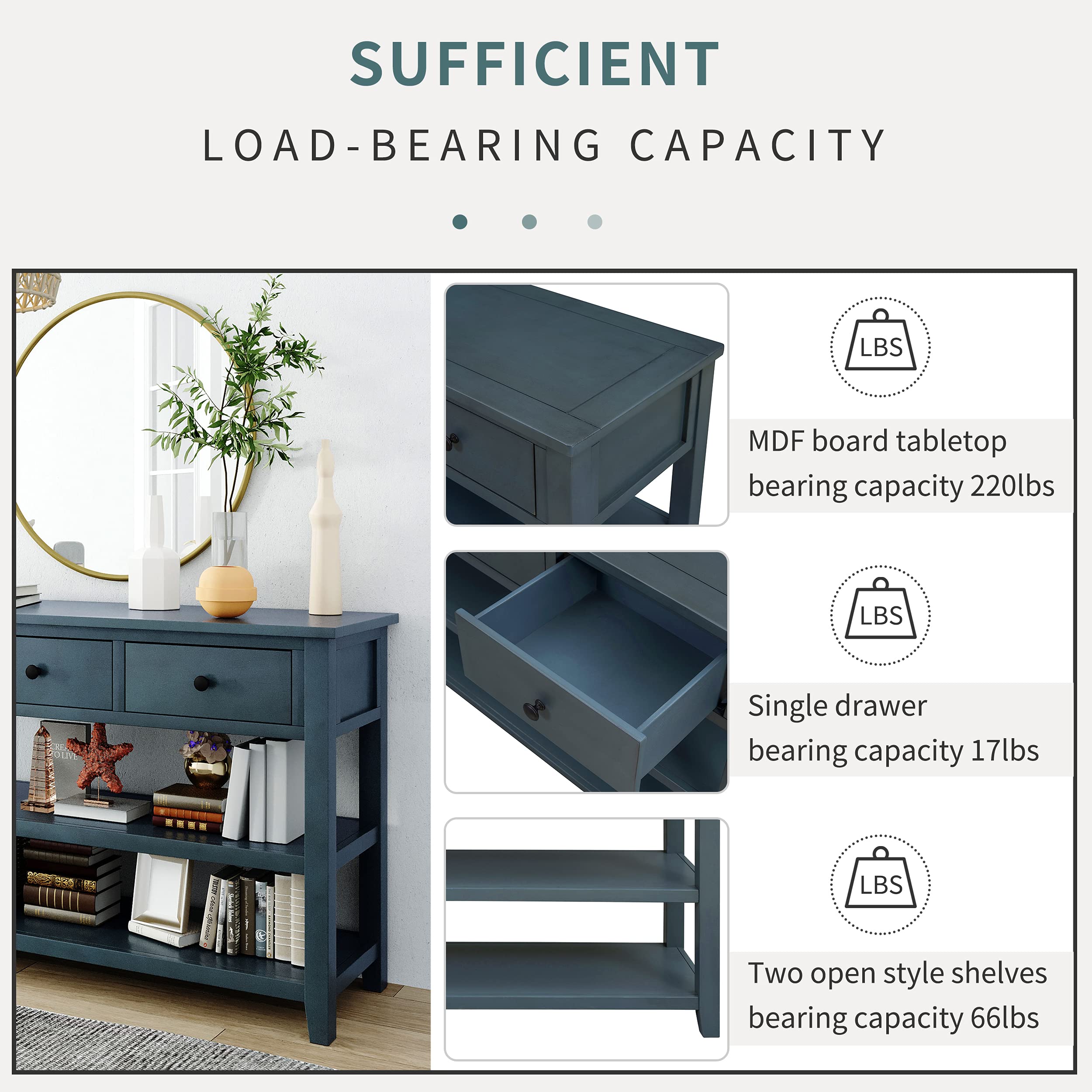 Solid Wood Console Table with 3 Drawers & 2 Storage Shelves - Modern Entryway Sofa Table for Hallway, Living Room | Retro Design Home Decor | Perfect for Small Spaces & Apartment Entryways (Navy Blue)