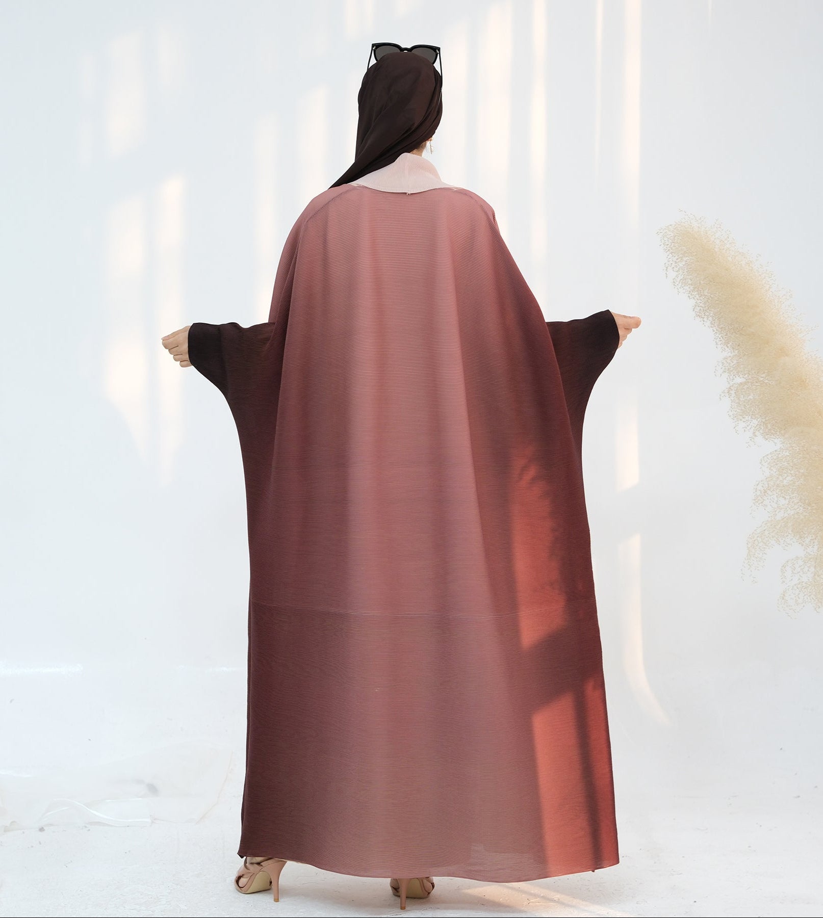 Elegant Kenyat Pleated Ombre Kimono Open Abaya in Brick Color - Perfect for Modest Fashion, Prayer Dresses, and Special Occasions