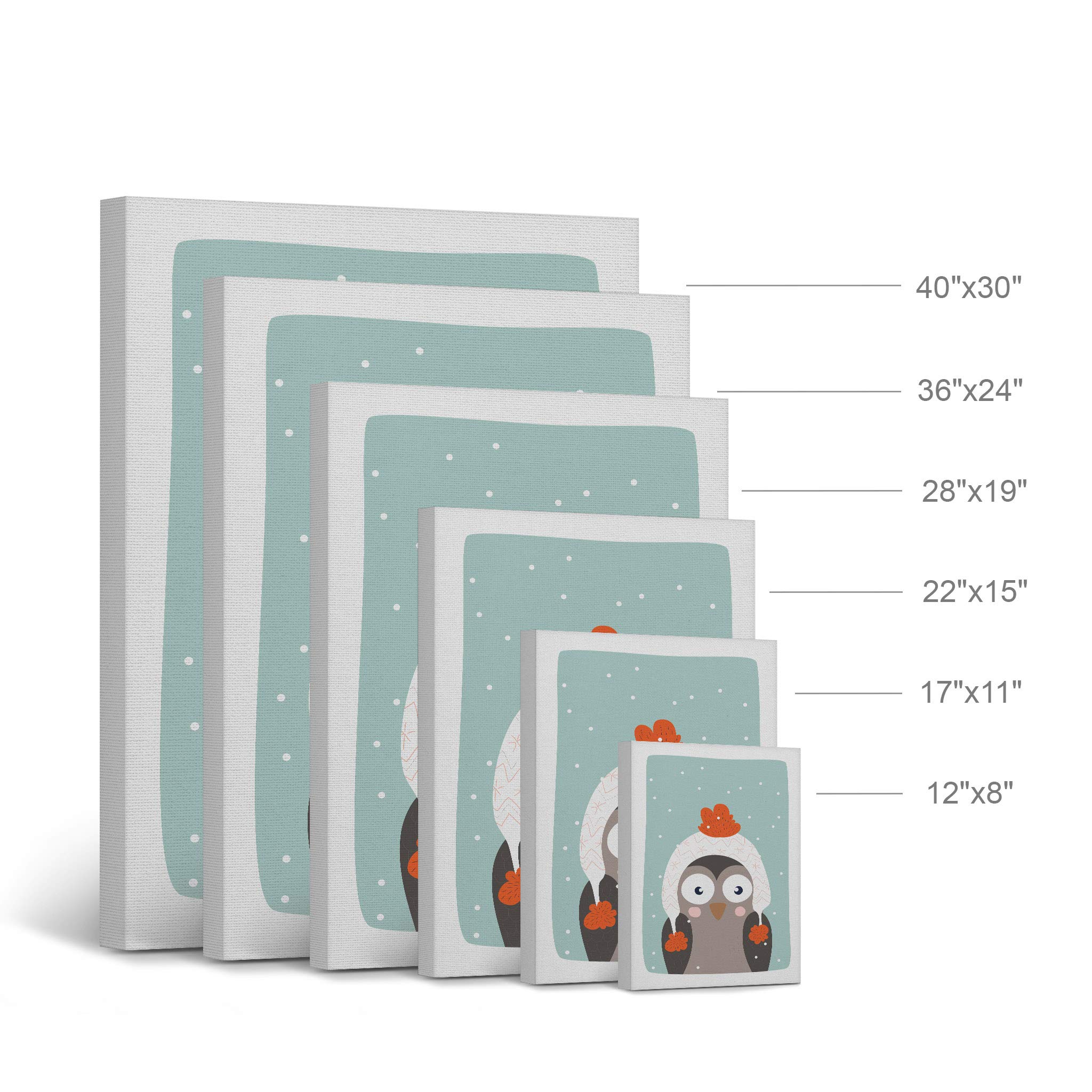 Cute Owl Winter Theme Canvas Print - Turquoise Background Wall Art for Kids Room, Nursery & Baby Room Decor - Ready to Hang 40x30 - Made in USA | Perfect for Children's Bedroom, Playroom & Gift Ideas