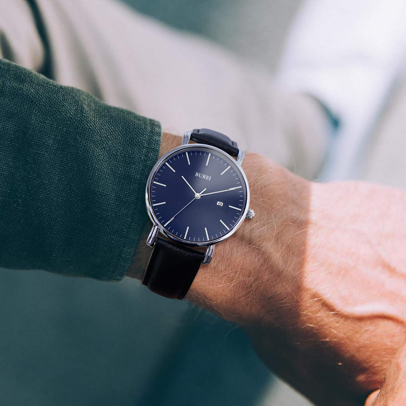 BUREI Men's Minimalist Analog Leather Quartz Watch - Waterproof Fashion Wristwatch for Business & Casual Wear | Perfect for Office, Dating & Everyday Use