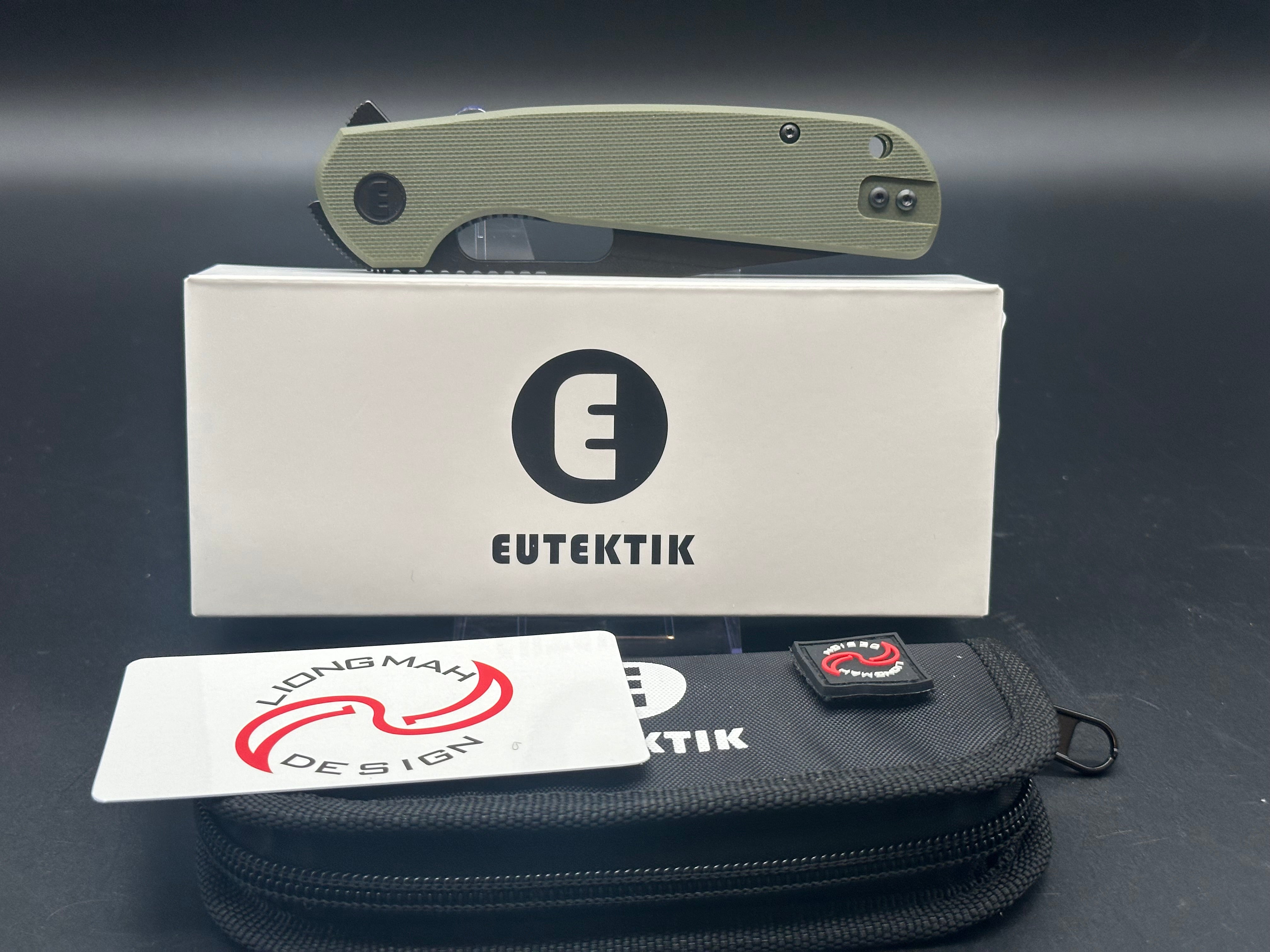 Eutektik Trinity OD Green BlackWashed Knife with LTK Koozie, Patch & Sticker - Tactical Folding Knife for Outdoor Camping, Hiking, Survival and EDC