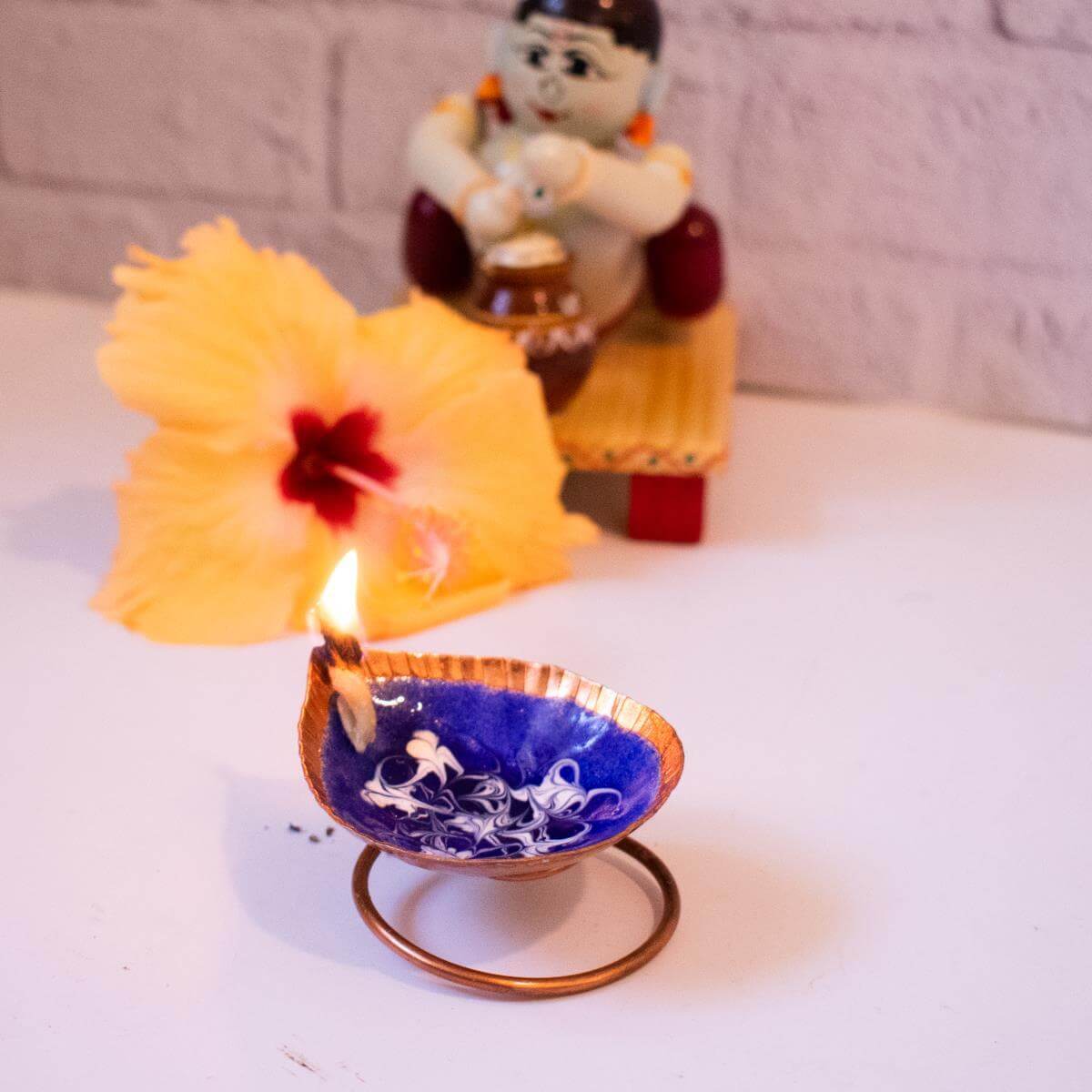 Handmade Copper Enamel Spring Diya - Traditional Indian Oil Lamp for Diwali, Puja & Home Decor - Perfect for Festivals, Weddings & Spiritual Ceremonies