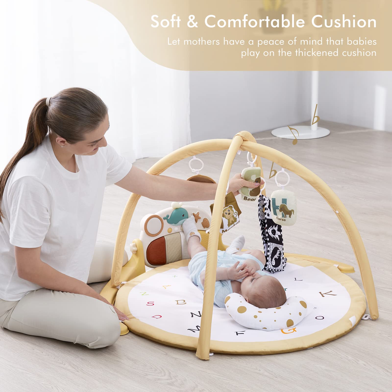 **ANGELBLISS Baby Play Gym Mat - Interactive Tummy Time Activity Gym with 5 Toys, Detachable Piano, Tent Cover & Pillow - Perfect Gift for Newborns & Toddlers (Boys & Girls) - Ideal for Playtime, Sensory Development & Early Learning**