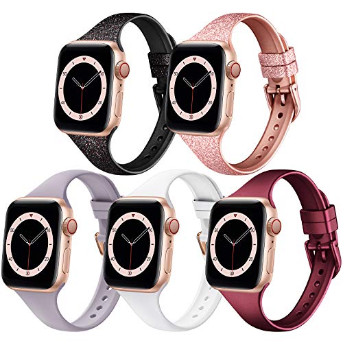 Ultra-Thin Soft Silicone Replacement Bands for Apple Watch 38mm 40mm 41mm 42mm 44mm 45mm - Compatible with iWatch Series SE/7/6/5/4/3/2/1 - 5 Pack Slim Sport Wristbands for Women & Men - Perfect for Gym, Running, Workouts & Everyday Wear