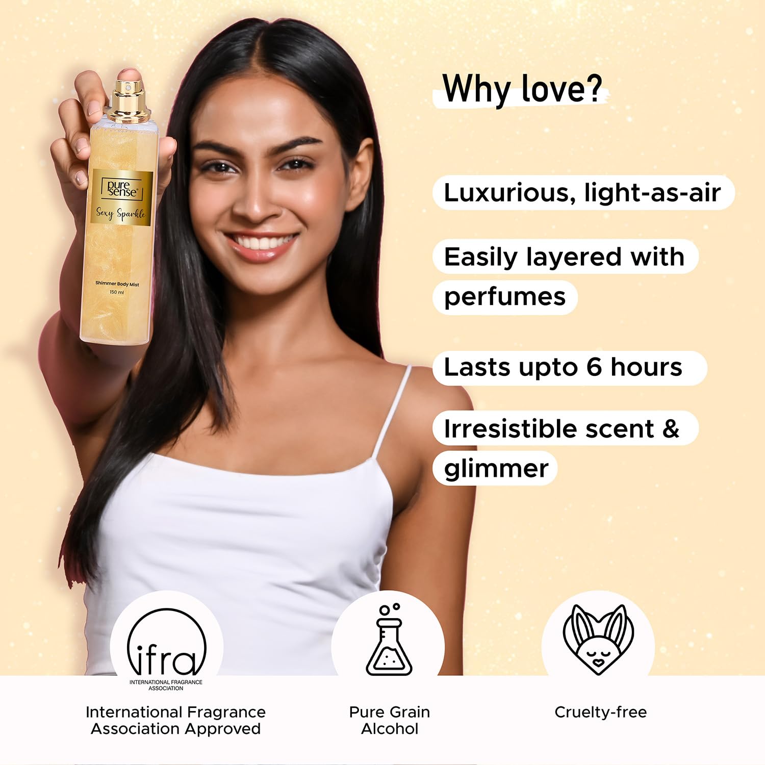 PureSense Sexy Sparkle Gold Shimmer Body Mist Spray for Women - Long Lasting Luxury Fragrance, Refreshing & Travel-Friendly (150ml) | Perfect for Date Nights, Parties & Everyday Glam