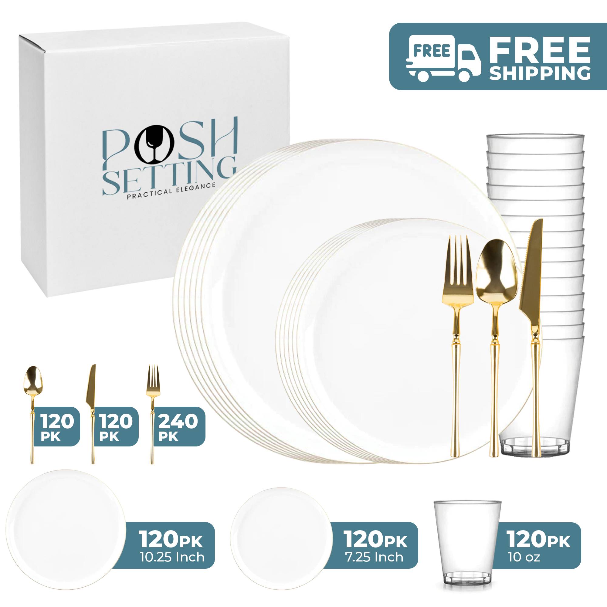 Luxury White and Gold Plastic Party Tableware Set - Elegant Disposable Plates, Cups, Forks & Napkins for Weddings, Birthdays, Events