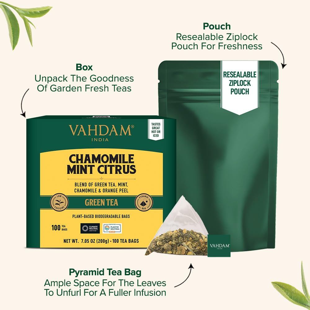 VAHDAM Chamomile Mint Citrus Green Tea Bags (100 Count) - Low Caffeine, Non-GMO, Gluten Free, Sweet Floral Herbal Tea | Resealable Ziplock Pouch for Freshness | Perfect for Relaxation, Stress Relief & Afternoon Tea Time
