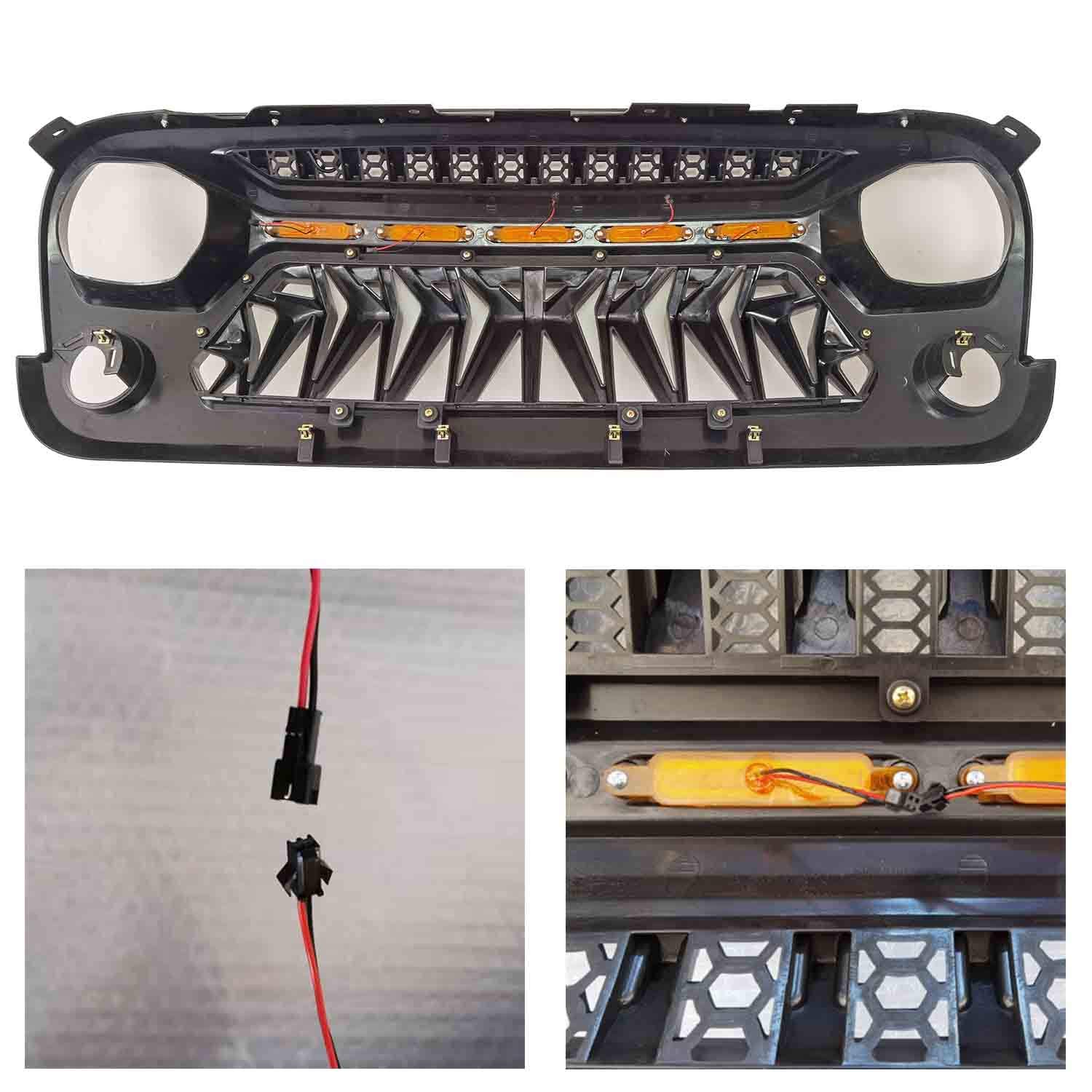 2007-2018 Jeep Wrangler JK JKU Front Grill Mesh Grille Cover - Matte Black with Amber LED Running Lights | Compatible with Unlimited, Rubicon, Sahara & Sport Models | Off-Road Protection & Stylish Upgrade