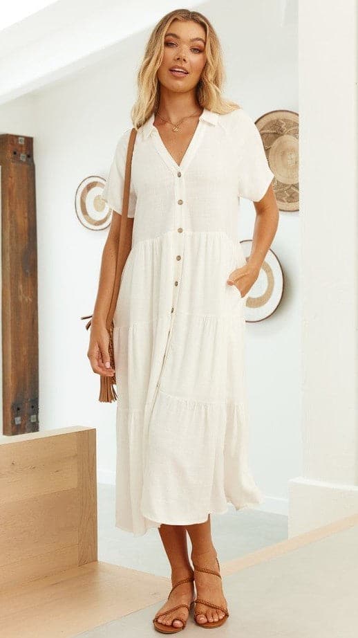 Kimberly Midi Dress for Women - Elegant White Summer Dress for Casual Wear, Office & Party | Flowy A-Line Knee Length Dress with Short Sleeves