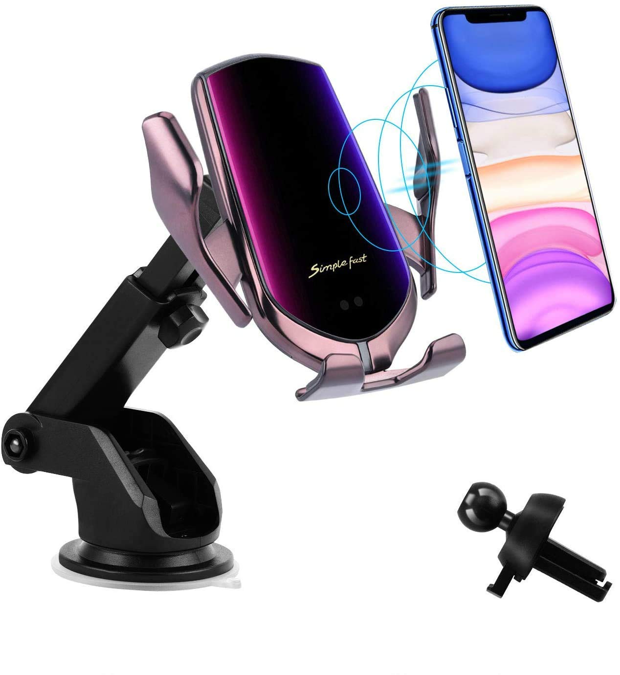 15W Fast Wireless Car Charger Mount - Auto Clamping Phone Holder for iPhone 13/12/11/XS/XR/X/8 & Samsung S21/S20/S10/Note10/Note9 - Dashboard & Air Vent Compatible - Perfect for Road Trips & Daily Commutes