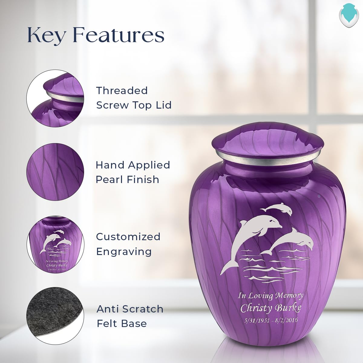 Personalized Dolphin Cremation Urn for Human Ashes - Large Pearl Purple Funeral Urn for Adults with Double Side Engraving (Holds 200 lbs) - Perfect for Memorial Services & Home Display