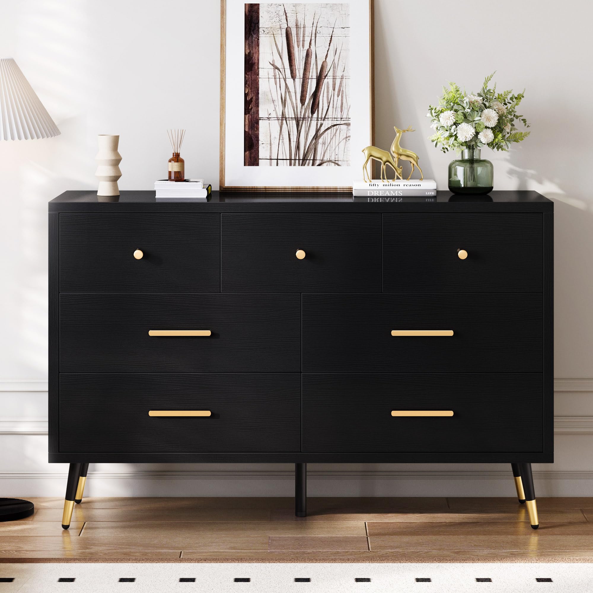 Modern Black 7-Drawer Dresser with Metal Handles - 47