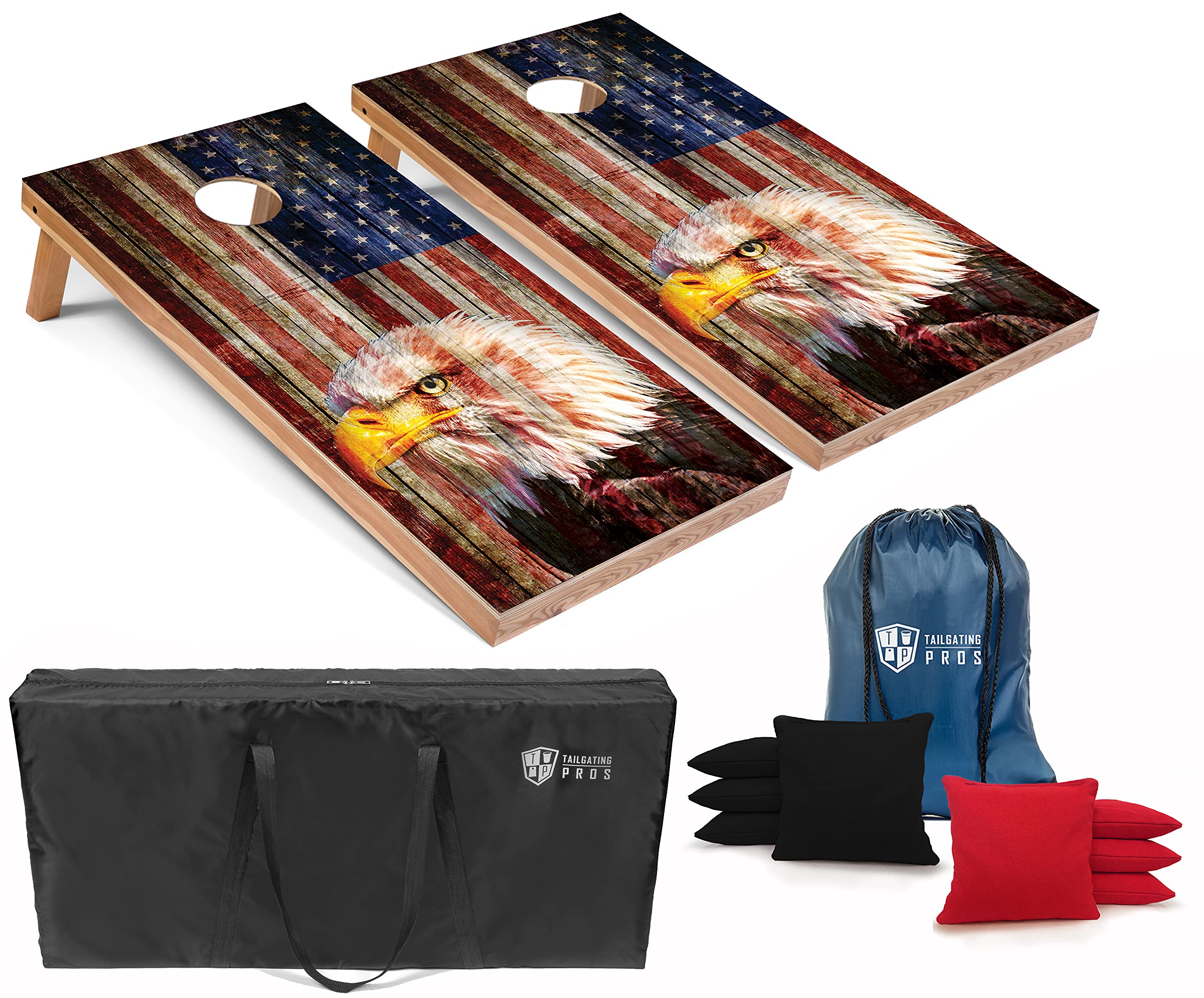 Patriotic Eagle US Flag Cornhole Board Set with Bean Bags & Carrying Case - 4'x2' Outdoor Toss Game with Optional LED Lights - Perfect for Tailgating, Backyard Parties, and 4th of July Celebrations