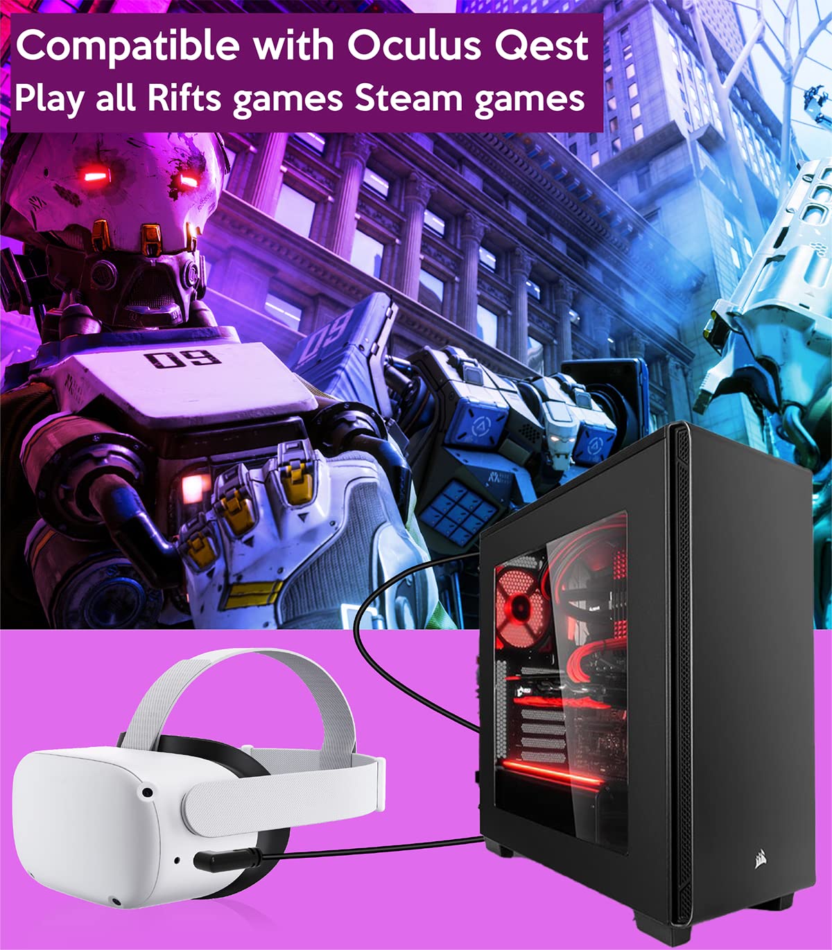 Oculus Quest 2 Link Cable - 10FT USB 3.0 to USB C High-Speed Charging & Data Transfer Cable for VR Headset, Steam VR, PC Connection - Perfect for Gaming, Streaming & Virtual Reality Experiences