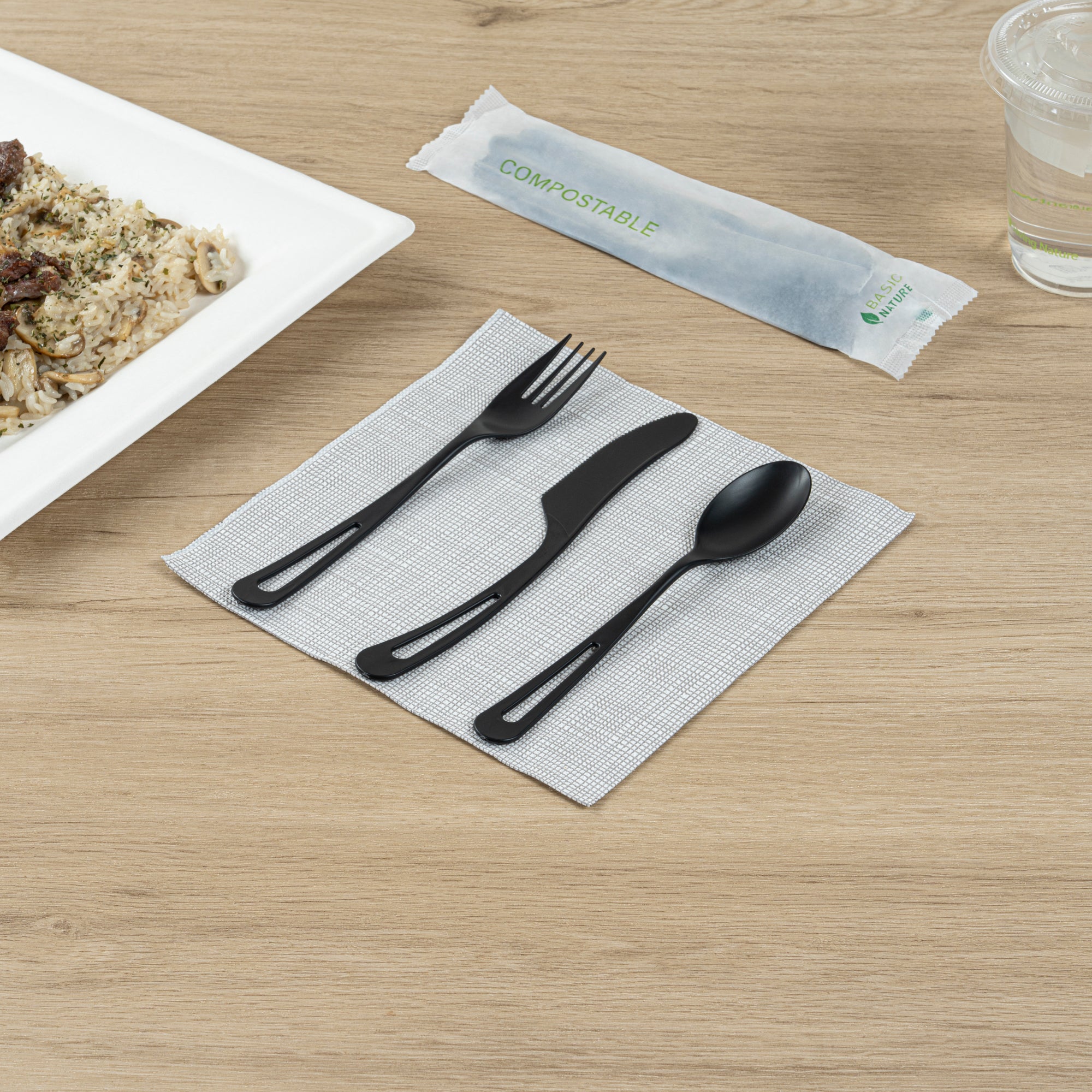 Eco-Friendly Black CPLA Plastic Cutlery Set - 100-Piece Compostable Cutlery with Heat-Resistant Wrapper (7.5