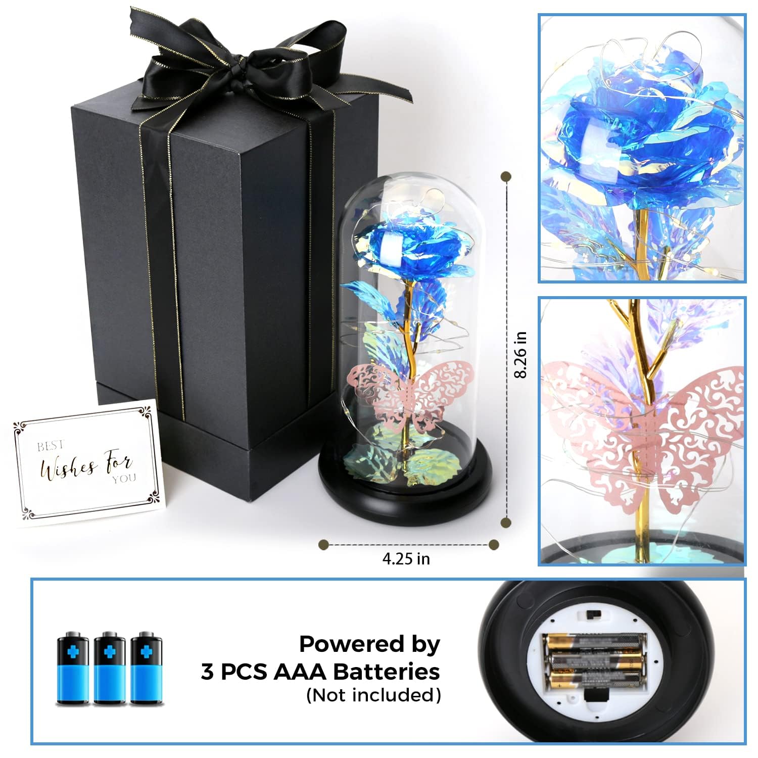 Eternal Rose in Glass Dome - Galaxy Blue Rose Gift for Women, Beauty and The Beast Inspired, Light Up Rose with Butterfly for Mother's Day, Birthday, Christmas, Wedding & Valentine's Day - Perfect Romantic Home Decor & Special Occasion Gift