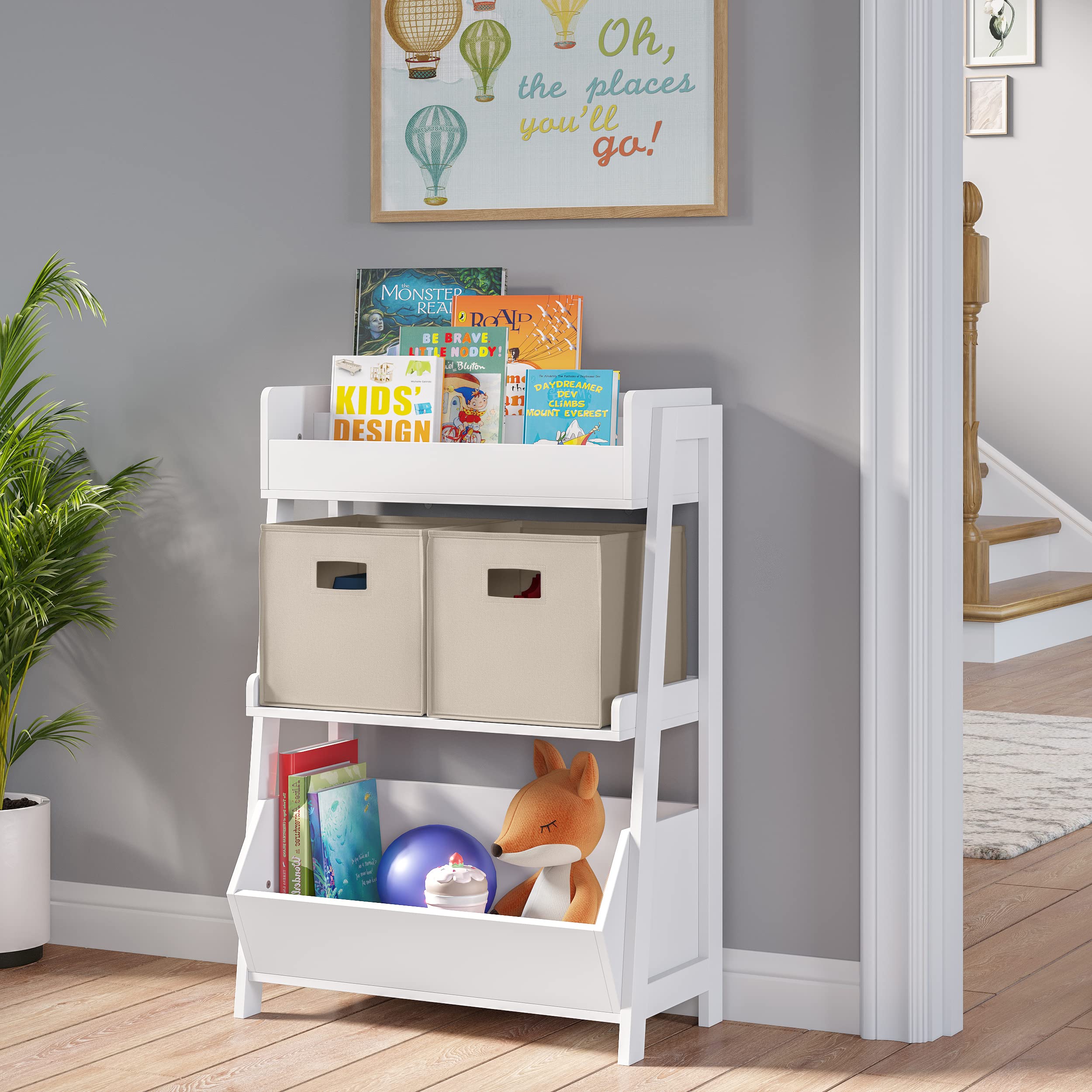 RiverRidge 3-Tier Wooden Ladder Shelf - Toy Organizer, Book Storage with 2 Taupe Fabric Bins & Open Bin - Space Saving Kids Room Decor, Nursery Organization, Living Room Display Shelf