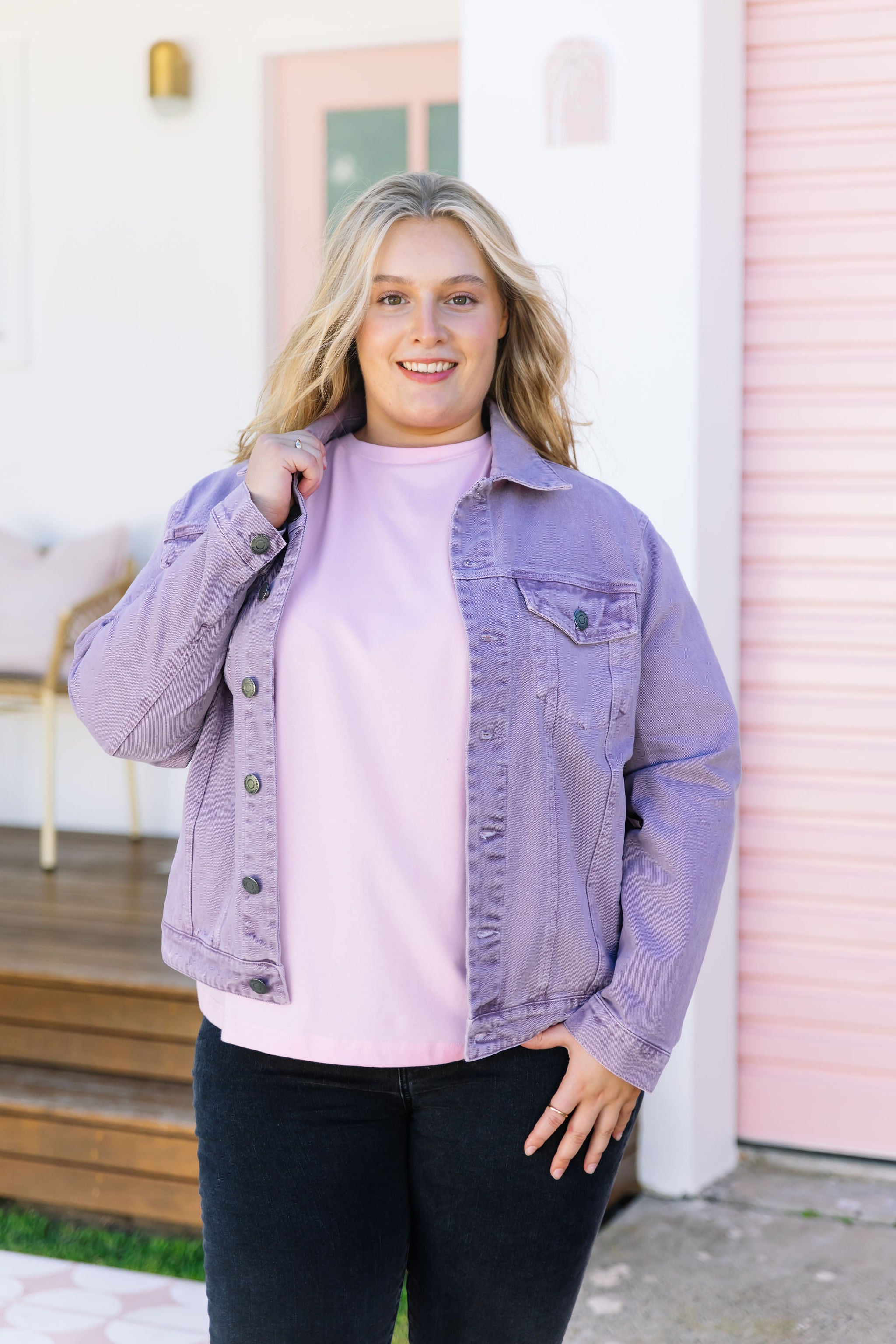 Hayden Boyfriend Denim Jacket in Washed Purple | Vintage Style Women's Distressed Denim Jacket | Perfect for Casual Outfits, Streetwear & Fall Layering
