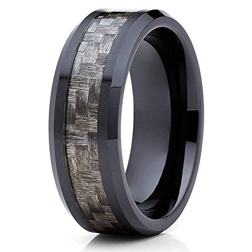 8mm Black Ceramic Wedding Band with Gray Carbon Fiber Inlay - Comfort Fit Beveled Edge Ring for Men | Perfect for Weddings, Anniversaries & Everyday Wear