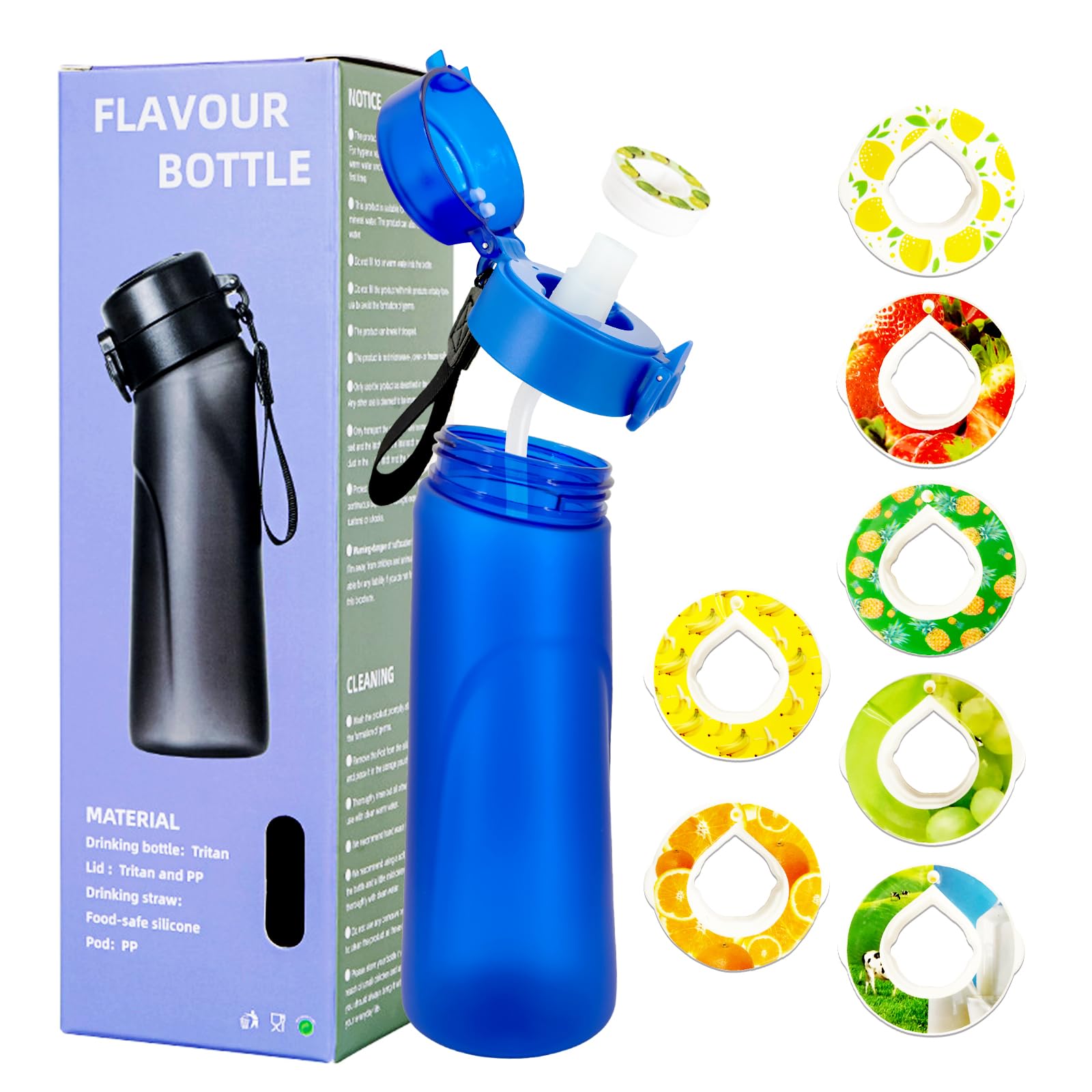 **650ML Air Water Bottle with 7 Flavor Pods - BPA Free, 0% Sugar, Portable Drinking Bottle for Outdoor Sports, Gym & Travel - Starter Set with Flavor Capsules (Blue)**    **Usage Scenarios:** Perfect for hiking, running, gym workouts, travel, and daily hydration on the go.