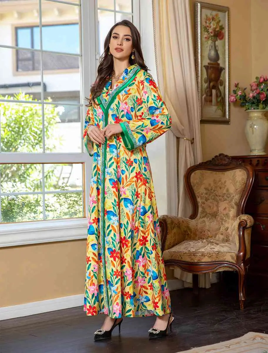 Elegant Hotfix Rhinestone Flower Printed Kaftan Dress - Eid Jalabiya Abaya for Women | Perfect for Eid Celebrations, Weddings & Special Occasions