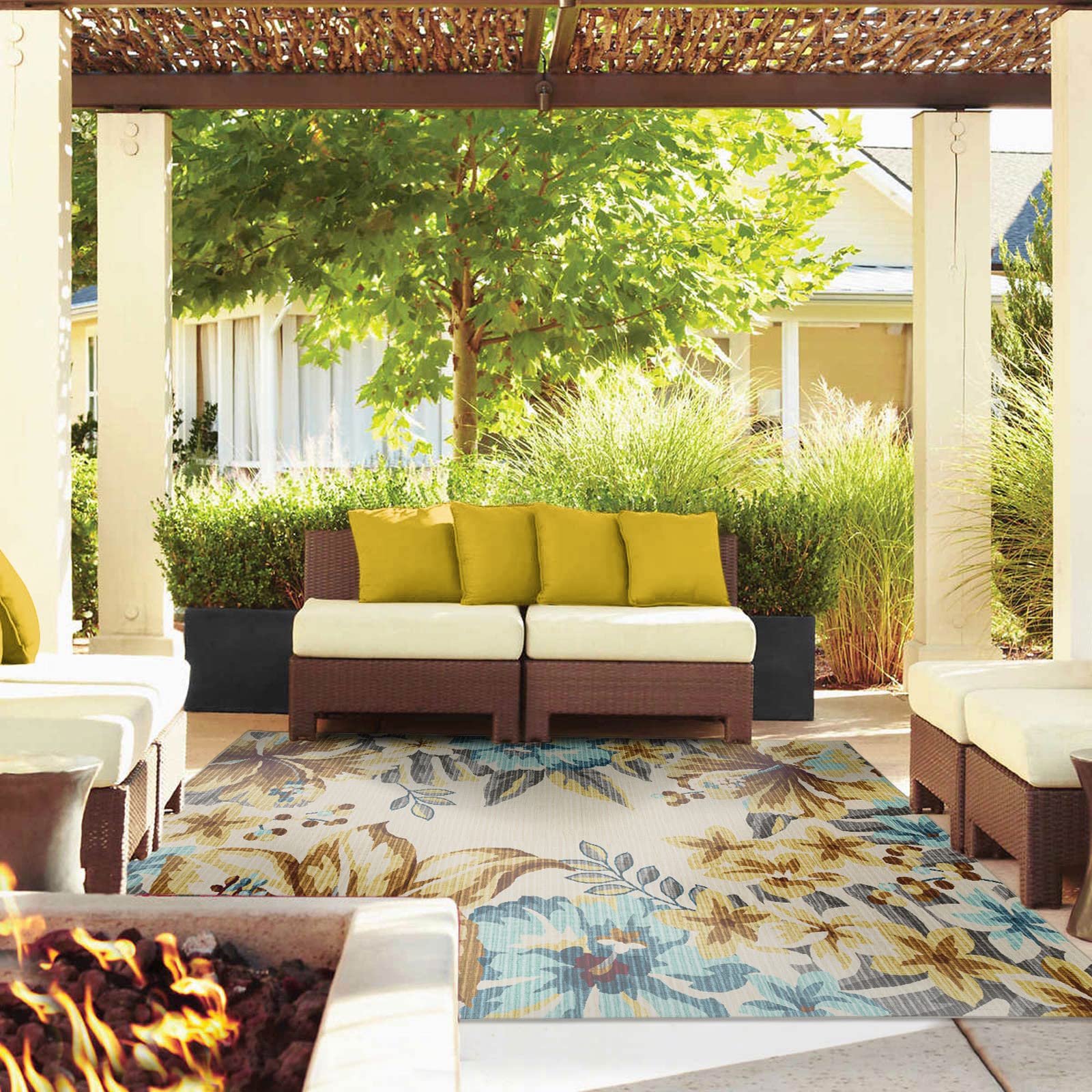 DECOMALL BLODWEN Indoor Outdoor Rugs - Floral Botanical Leaf Tropical Area Rug for Bedroom, Living Room, Deck, Backyard, Balcony, Patio - Yellow 6x9 Feet - Perfect for Boho Decor, Beach House Style & Summer Garden Parties