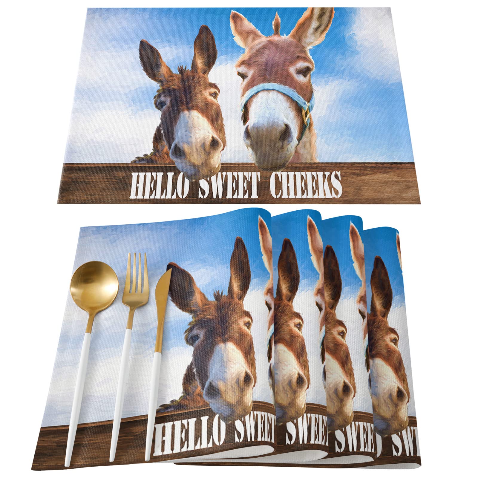 6-Piece Funny Donkey Animal Placemat Set - Blue Farmhouse Wooden Plank Design for Kitchen & Dining Tables | Indoor Outdoor Use, Party Wedding Banquet Decorations | Perfect for Everyday Meals, Entertaining Guests & Holiday Gatherings