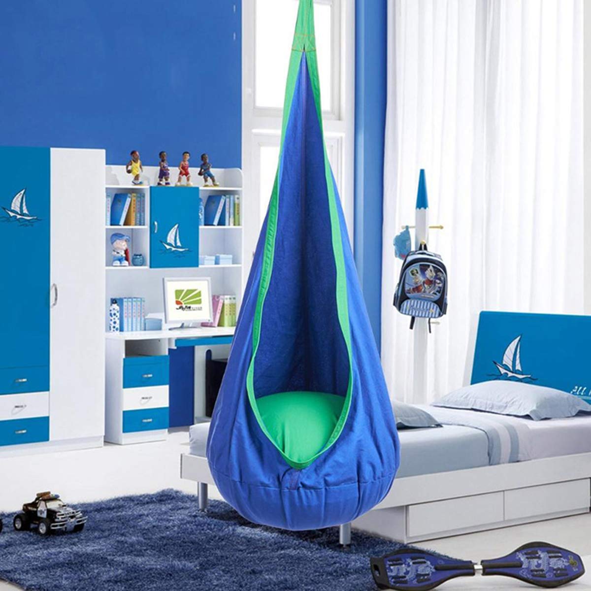 ELEOPTION Kids Pod Swing Seat - 100% Cotton Hanging Hammock Chair for Children | Indoor & Outdoor Play, Nursery, Backyard, Patio (Blue)