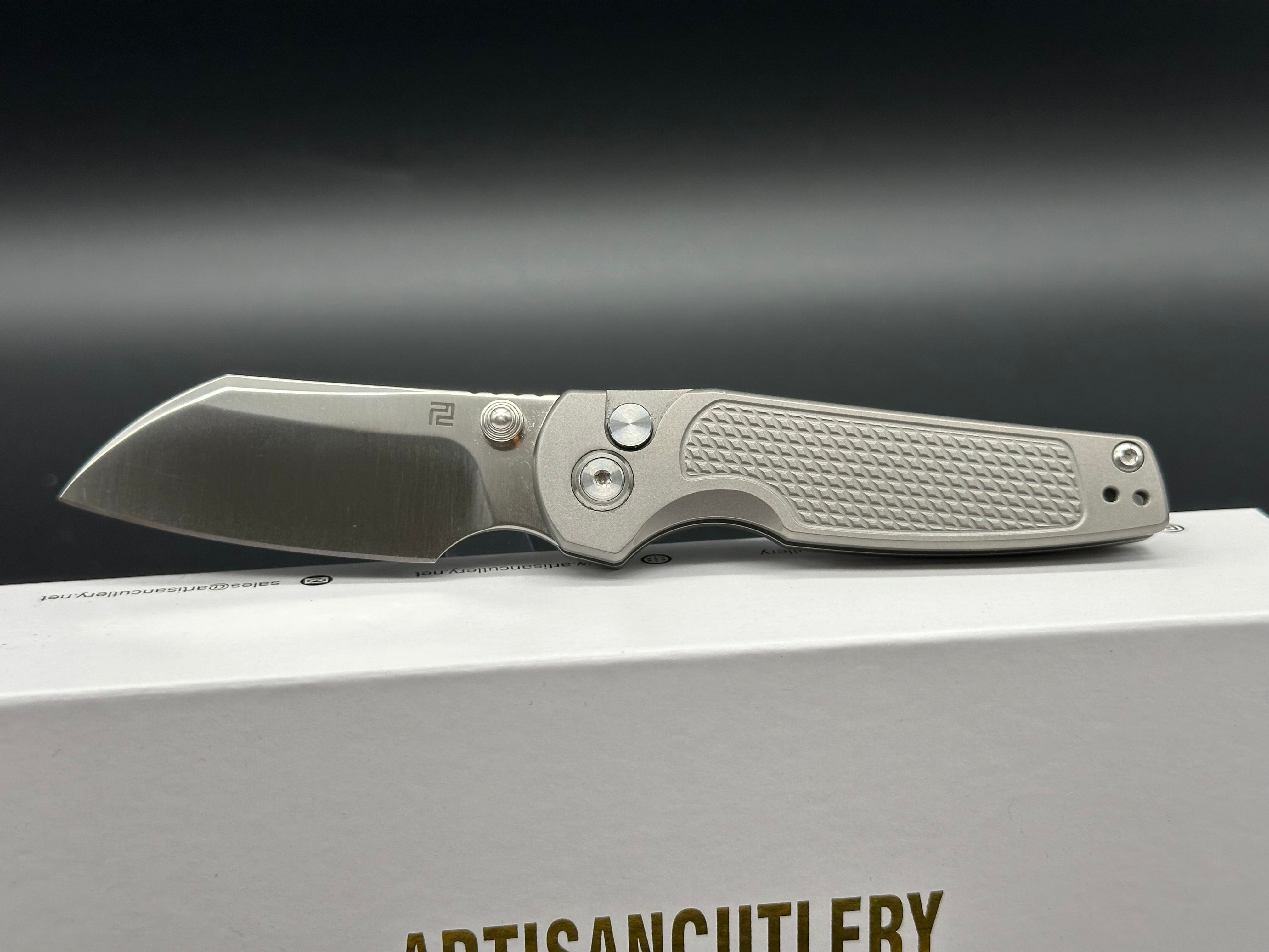 ARTISAN CUTLERY CLEO Button Lock Folding Knife - Titanium Handle, S90V Steel Plain Edge - EDC Pocket Knife for Outdoor, Camping & Everyday Carry