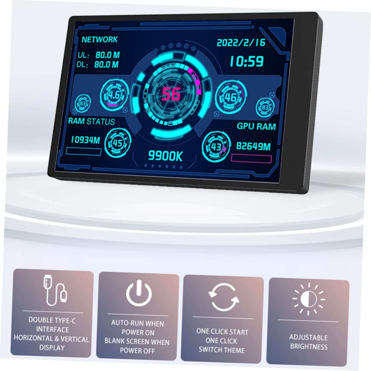 KONTONTY Secondary Computer Screen - GPU Data Monitor, HDD & Network Data Display, Mini PC Case Screen - Perfect for Gaming Rigs, Workstations & Home Office Setups