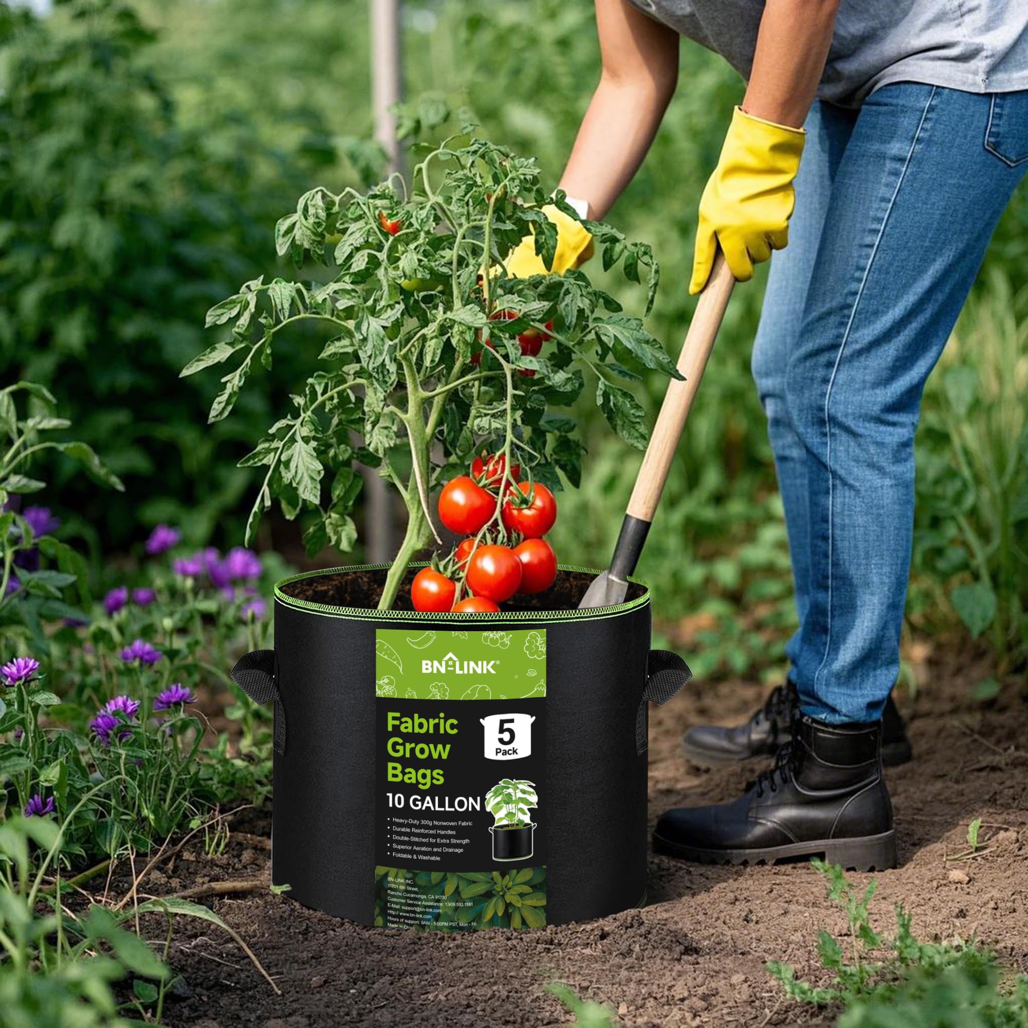 BN-LINK 5-Pack 10 Gallon Heavy Duty Aeration Fabric Grow Bags with Handles - Thickened Nonwoven Plant Pots for Vegetables, Flowers, Fruits - Ideal for Indoor/Outdoor Gardening, Raised Beds & Container Planting