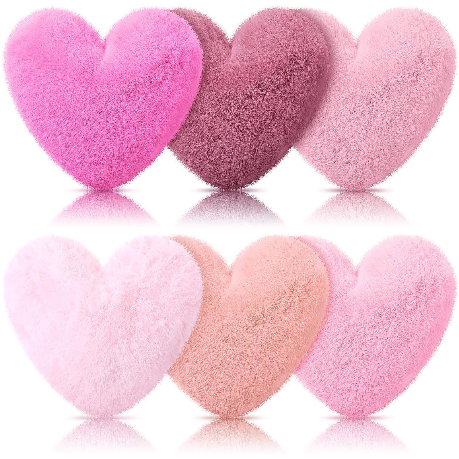 Liliful 6-Piece Faux Rabbit Fur Heart Pillows - Soft Fluffy Decorative Throw Cushions for Bed, Sofa & Couch (12x11 Inch, Pink) - Perfect for Girls' Rooms, Valentine's Day Gifts & Cozy Home Decor