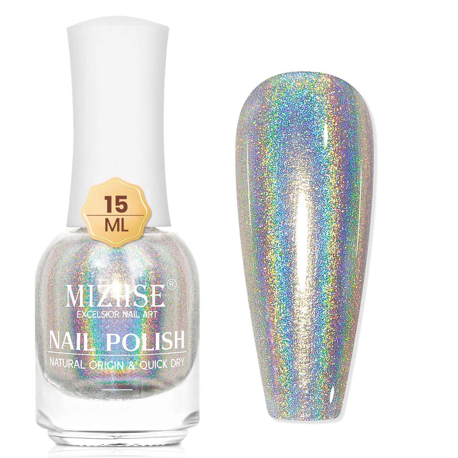 MIZHSE Holographic Nail Polish - Silver Glitter Nail Polish Fast Drying 15ml (0.5 fl oz) | High Gloss Shiny Oil-Based Chrome Nail Lacquer for Salon & Home Manicure | Perfect for Parties, Weddings & Special Occasions