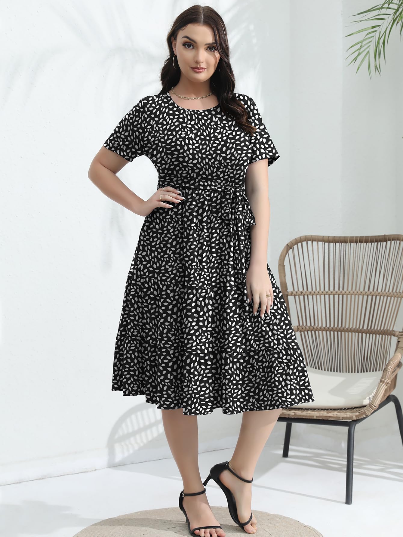 Elegant Plus Size Floral Midi Dress for Women 2025 - Tiered Flowy Modest Wedding Guest Dress with Belt & Pockets | Perfect for Bridal Showers, Garden Parties & Formal Events