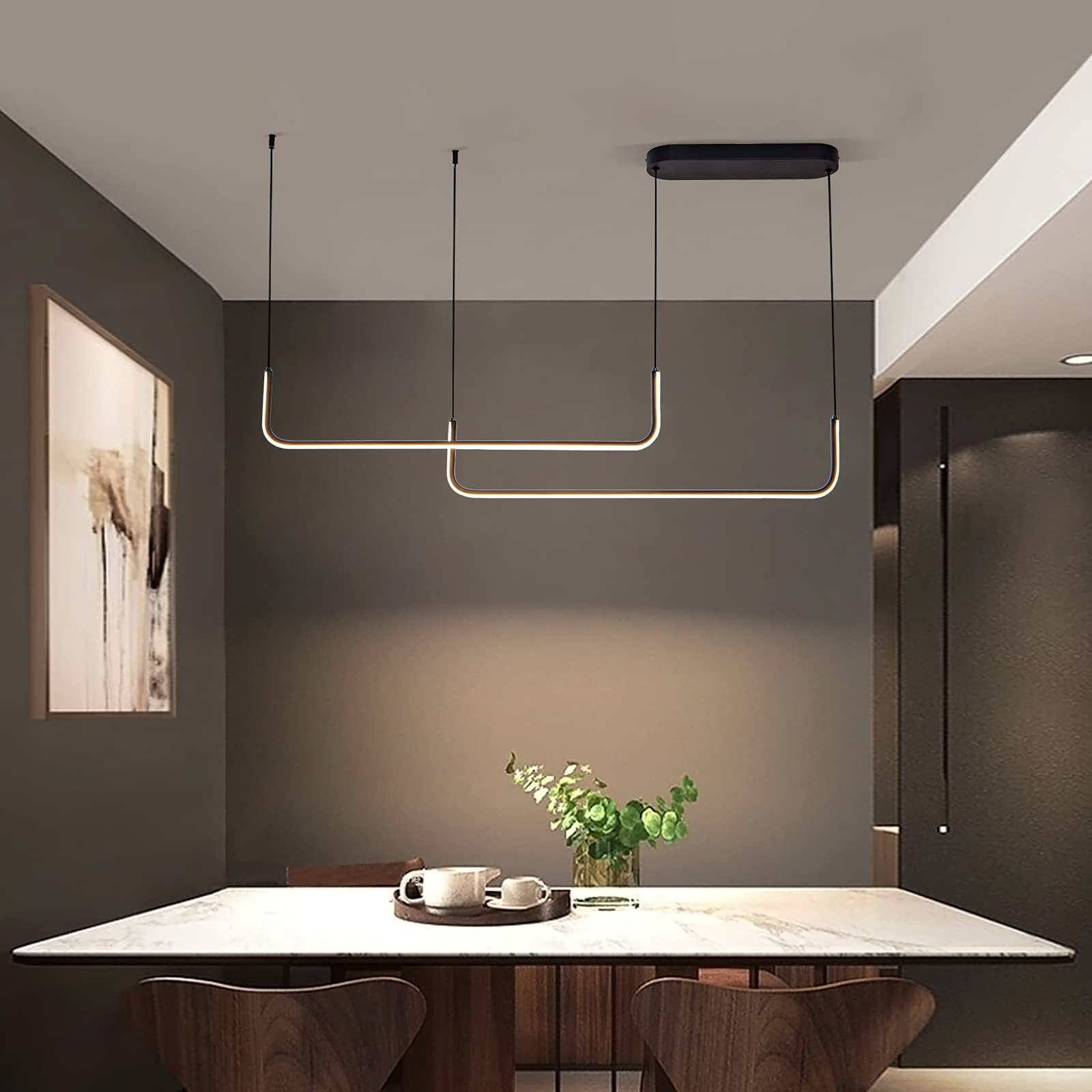 Modern Black Linear Chandelier - Dimmable LED Pendant Light Fixture with 2 Lights, 3000K Warm White - Perfect for Kitchen Island, Dining Room, Bar and Contemporary Home Decor