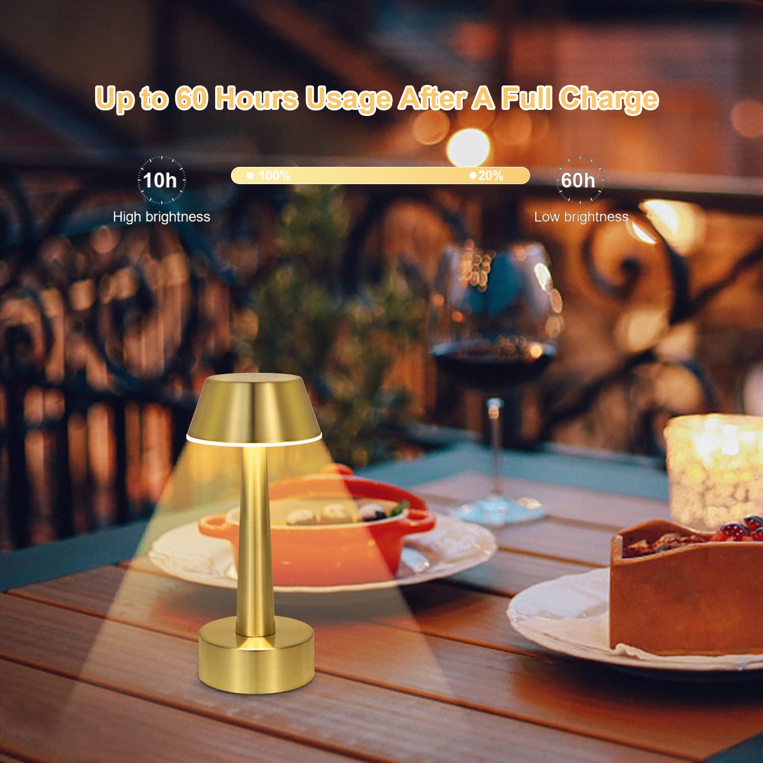 UMEXUS Gold Cordless Rechargeable Table Lamp - 3-Way Dimmable Touch Control Mini Night Light for Bedroom, Bar, Restaurant & Outdoor Use | Portable Battery Operated Metal Desk Lamp for Home Decor & Ambient Lighting