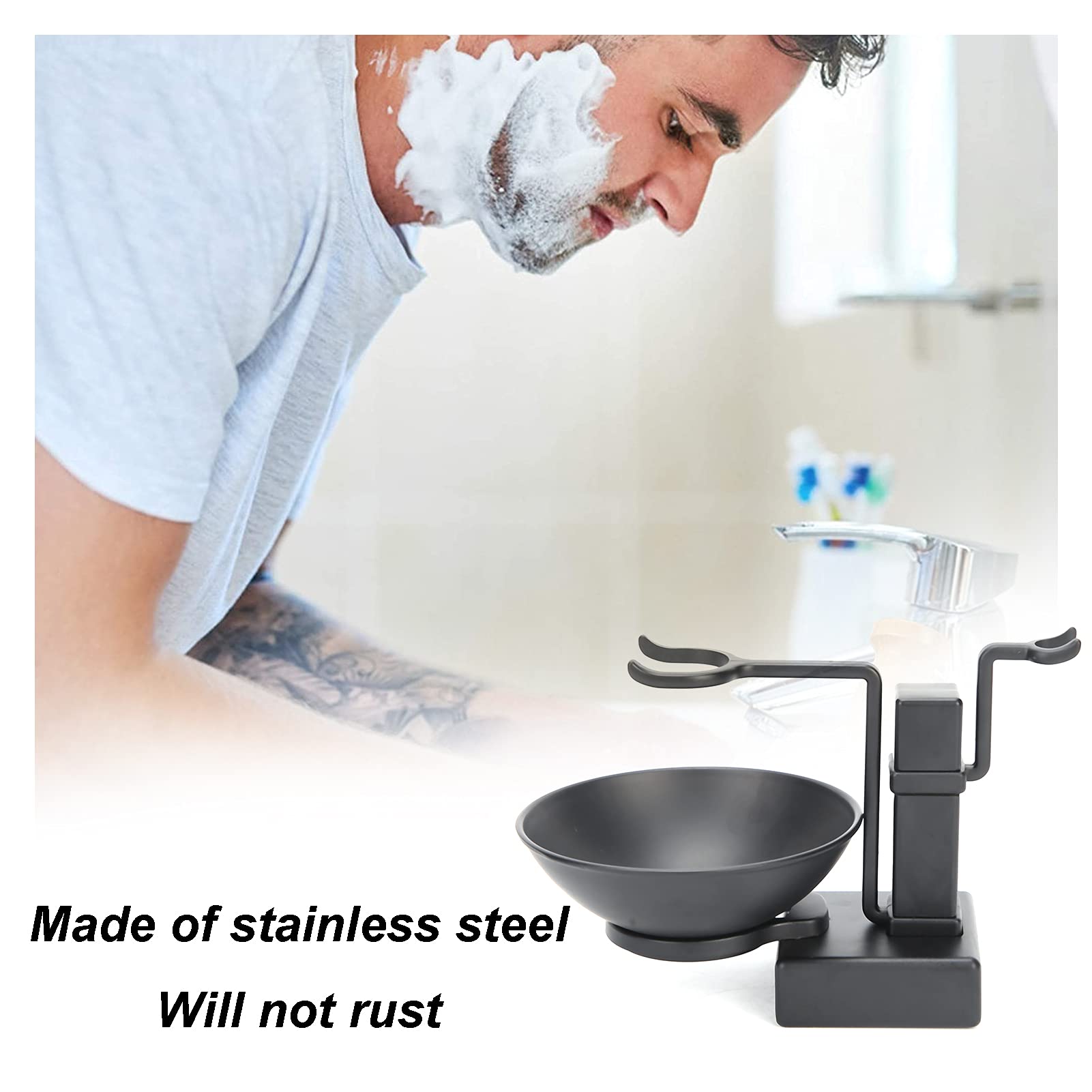 Professional Stainless Steel Shaving Stand with Brush Holder & Soap Bowl - Black Men's Grooming Kit for Wet Shaving at Home or Travel