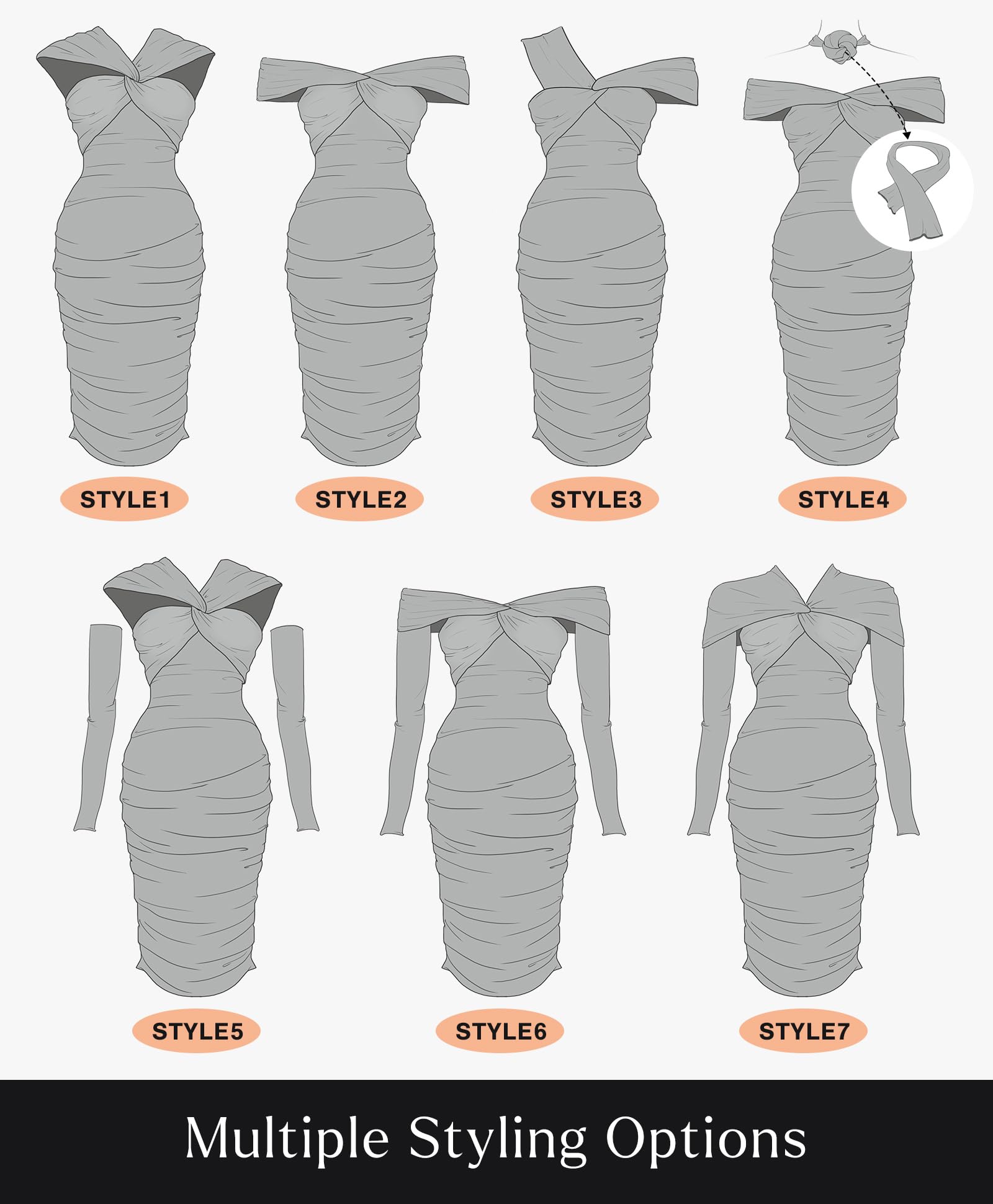 Popilush Shapewear Dress with Sleeves - Multi-Way Wear Off Shoulder Ruched Bodycon Cocktail Dress for Women | Slimming Party, Wedding & Evening Occasions