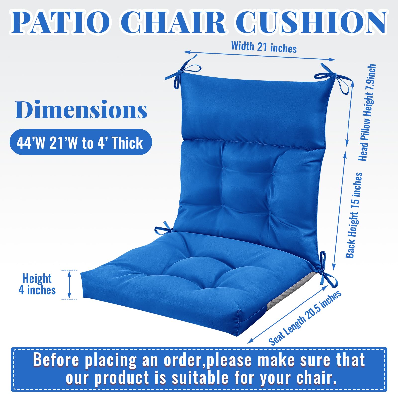 Sintuff 44 x 21 x 4 Inch Outdoor Patio Chair Cushions Set of 6 - Waterproof All-Weather Tufted Seat & Back Pillows with Ties - Perfect for Garden, Poolside, Deck, and Indoor Furniture (Blue)
