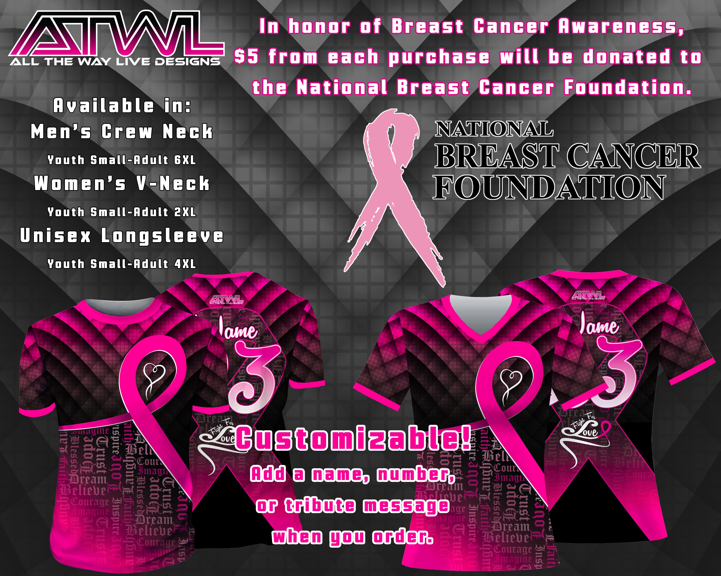 Fight For Love Breast Cancer Awareness Women's Full Dye Jersey - Comfortable Pink Ribbon T-Shirt for Survivors, Supporters & Charity Events