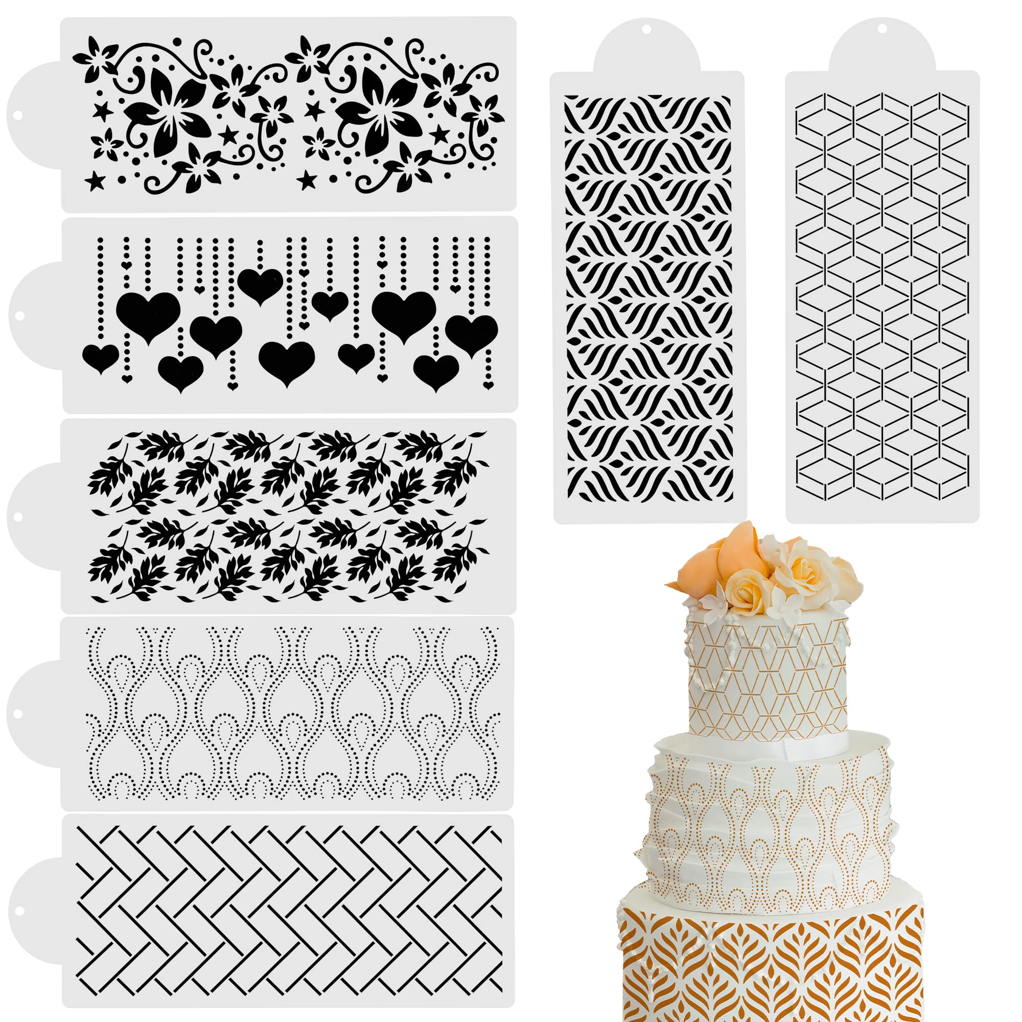 7-Piece Cake Decorating Stencils Set - Reusable Buttercream Lace Border Templates for Wedding, Birthday & DIY Cake Decorations | Perfect for Professional Bakers & Home Baking Enthusiasts