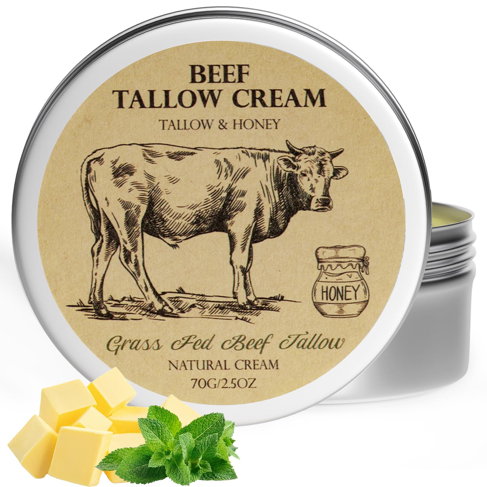 Grass-Fed Beef Tallow Balm with Honey - Natural Face & Body Moisturizer for Dry Skin Care