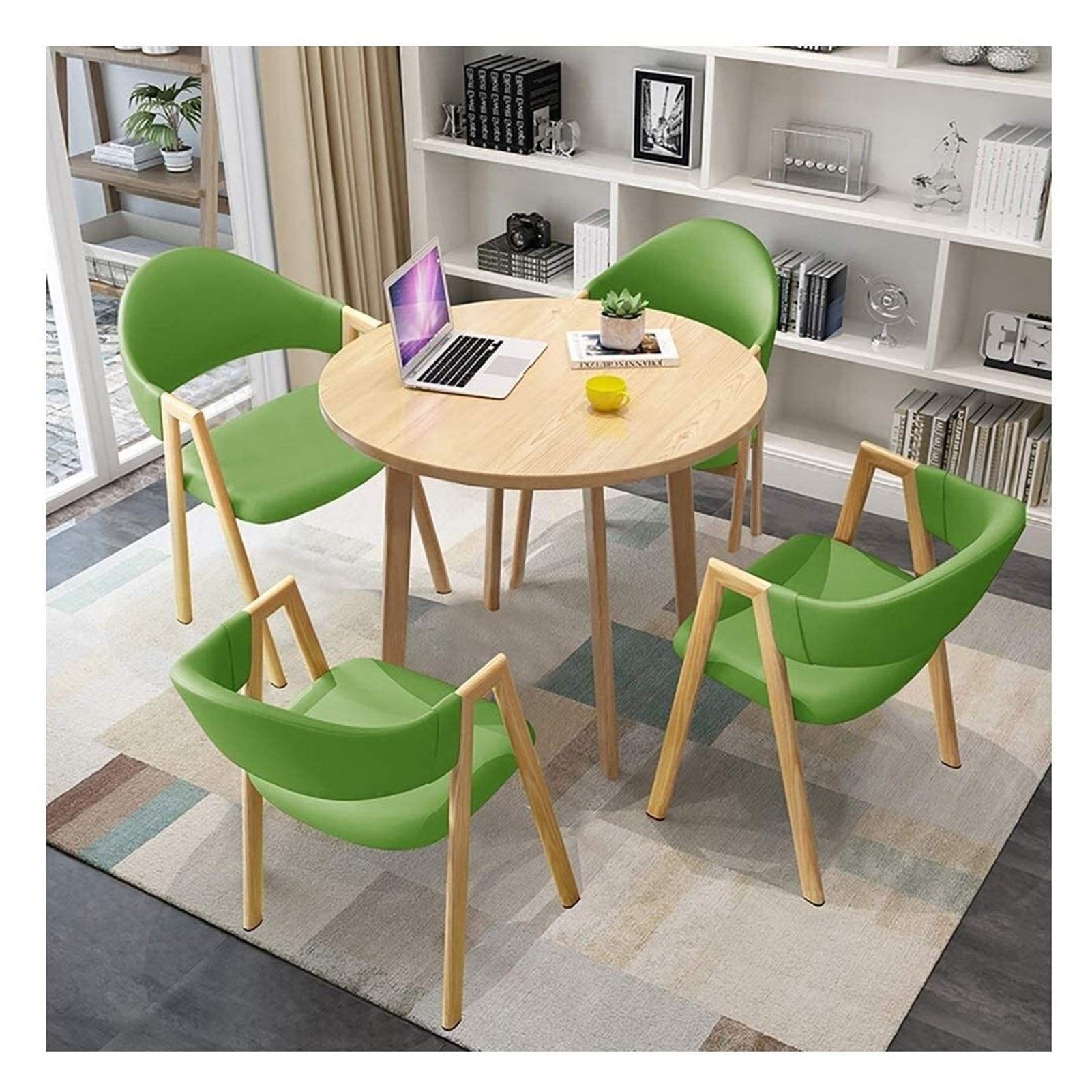 Farmhouse Style Dining Table and Chairs Set - 1 Wooden Round Table with 4 PU Leather Chairs for Kitchen, Office, Living Room | Rustic Cafe Leisure Furniture | Perfect for Small Spaces, Breakfast Nooks & Cozy Gatherings (Green)