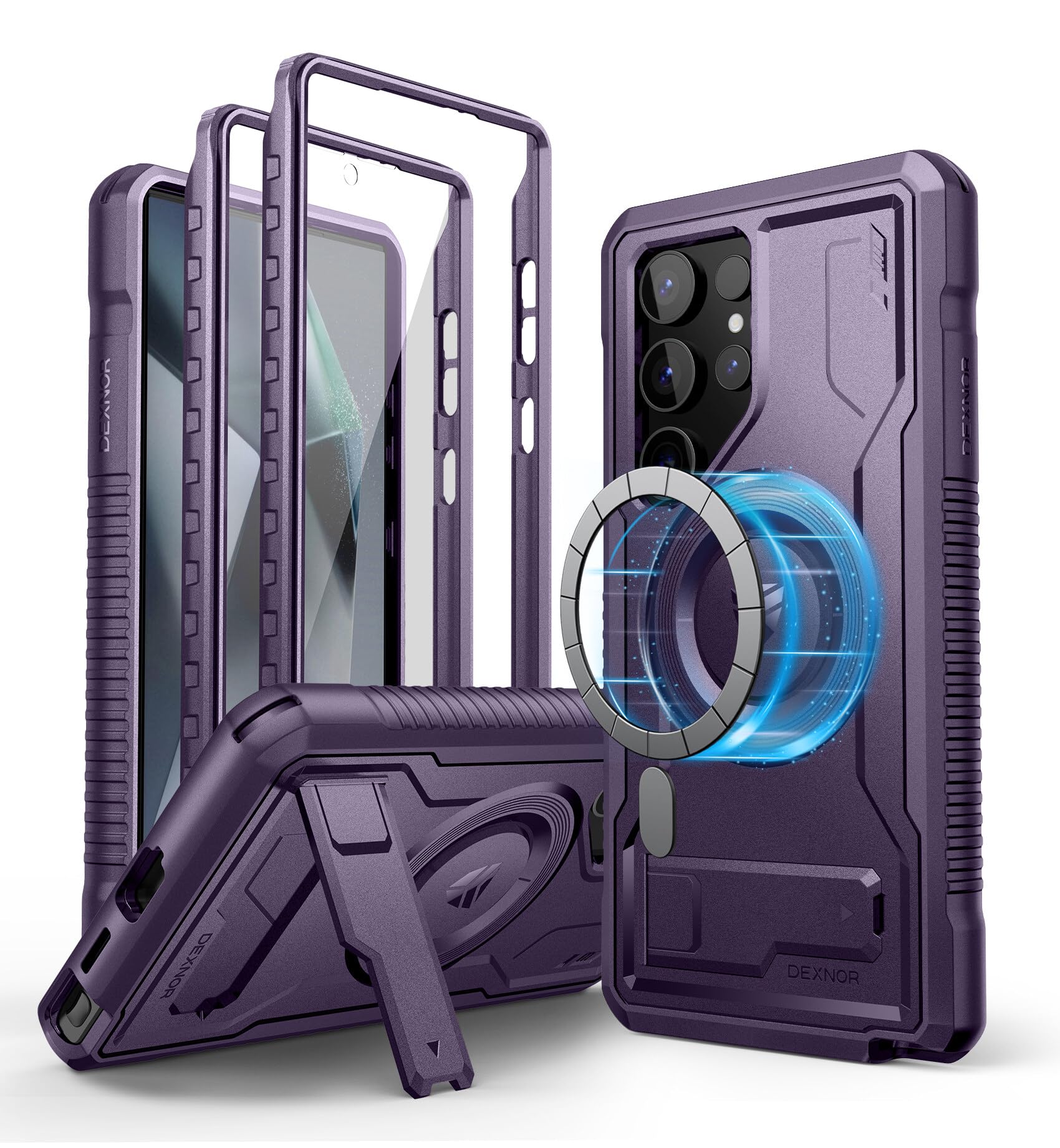 Dexnor Magnetic Case for Samsung Galaxy S24 Ultra - Shockproof Rugged Protective Cover with Adjustable Kickstand, 2 Front Frames & Built-in Screen Protector | Magsafe Compatible | Full Body Protection | Purple | Perfect for Outdoor Activities, Travel & Daily Use
