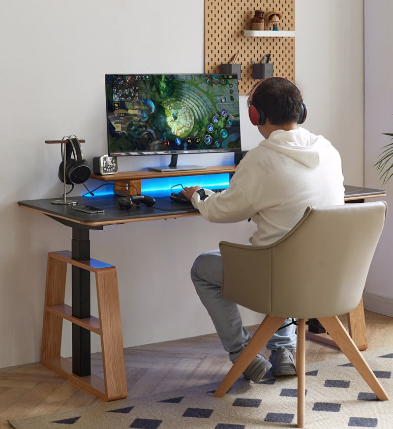 Premium Oak Solid Wood Standing Desk with Natural Rock Slab Top - Ergonomic Adjustable Height Home Office Desk for Work & Study